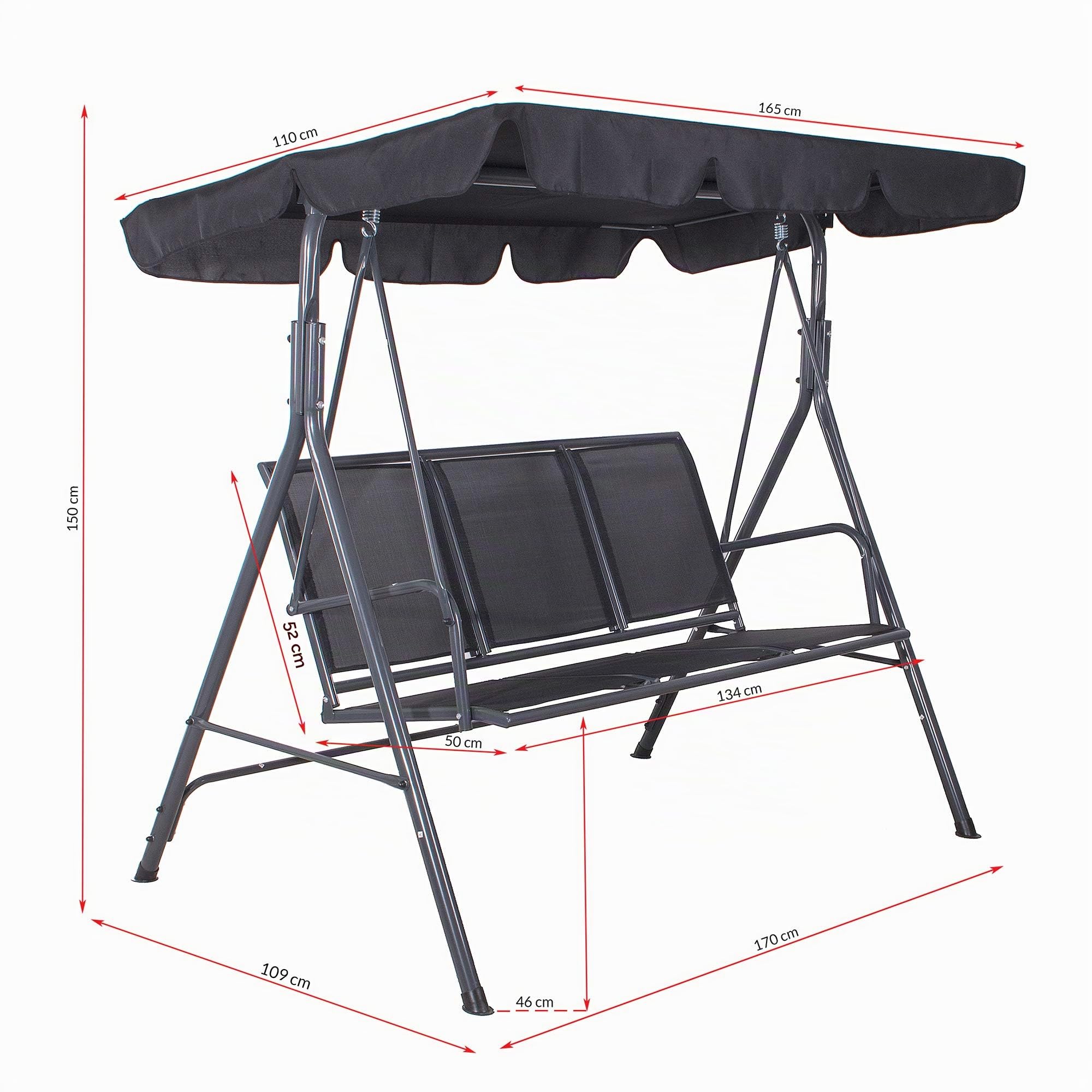 Springos Dondolo da giardino Fiona, con parasole, per 3 persone, da 150 x 170 x 109 cm (H x l x P), di colore nero