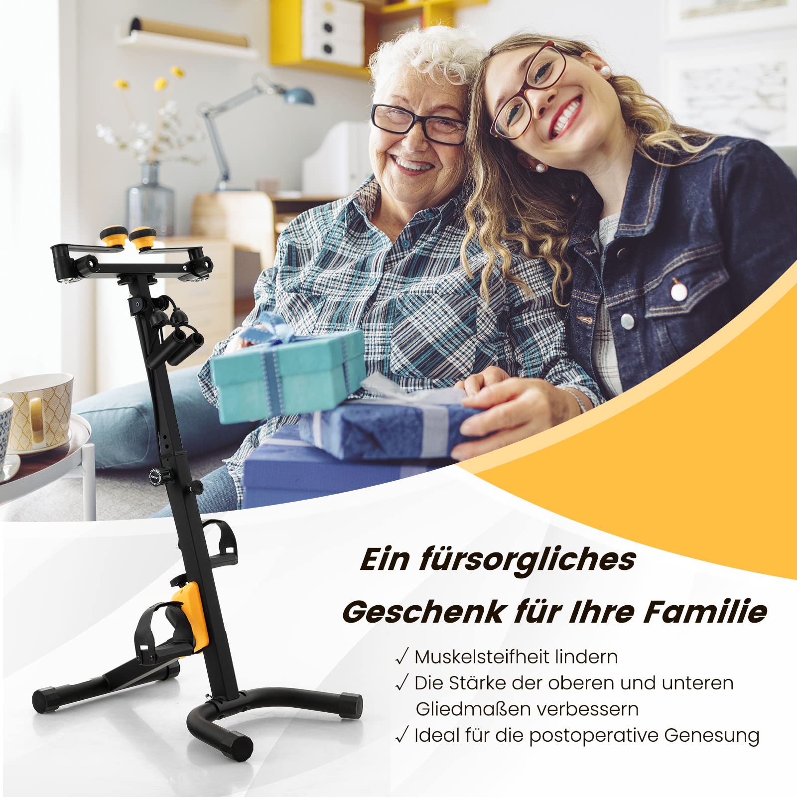 GYMAX Trainingsgerät klappbar, Physiotherapie-Heimtrainer mit verstellbarer Höhe, Handgriff & Widerstand, Ganzkörpertrainer für Hand, Arm, Knie & Beine für Senioren Schwarz + Gelb