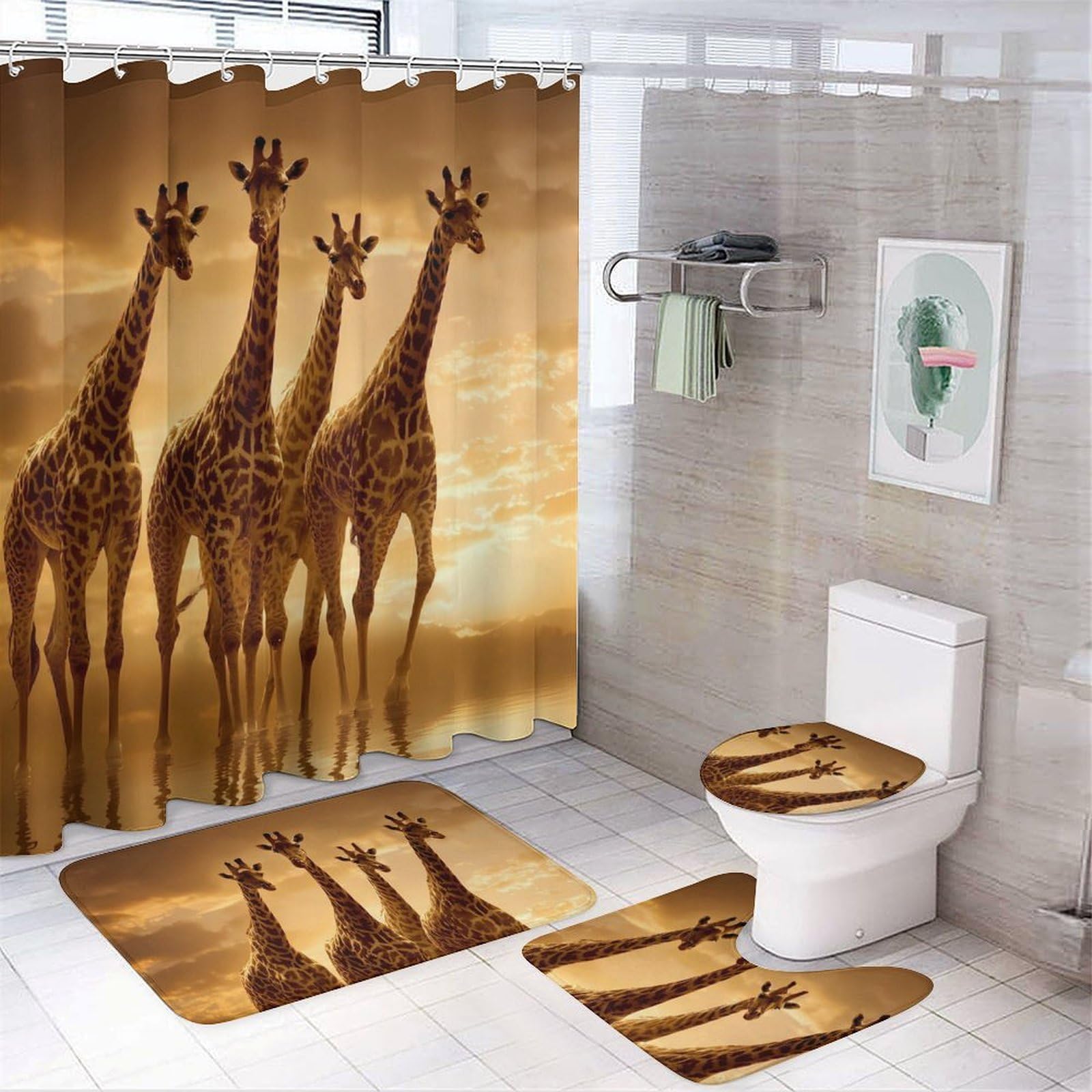 CGSBNGHA Giraffe Wild Animal Shower Curtain Set 4 Piece Bathroom Sets with Rugs Toilet Lid Cover And U-Shaped Floor Mat