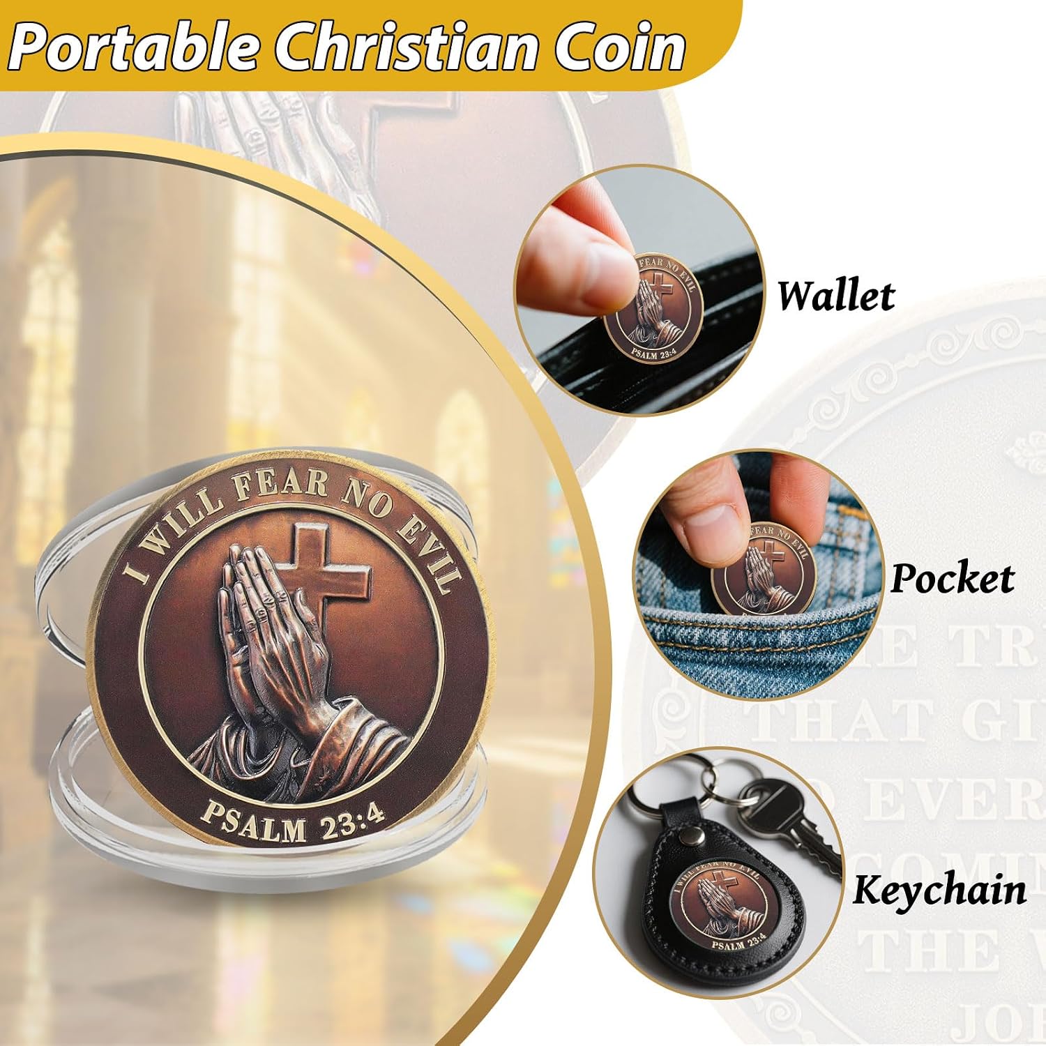 Praying Hands Christian Challenge Coin with Psalm 23:4， "I Will Fear No Evil" Faith Over Fear Token, Inspirational Religious Gifts for Men Women Baptism Military (5 PCS)