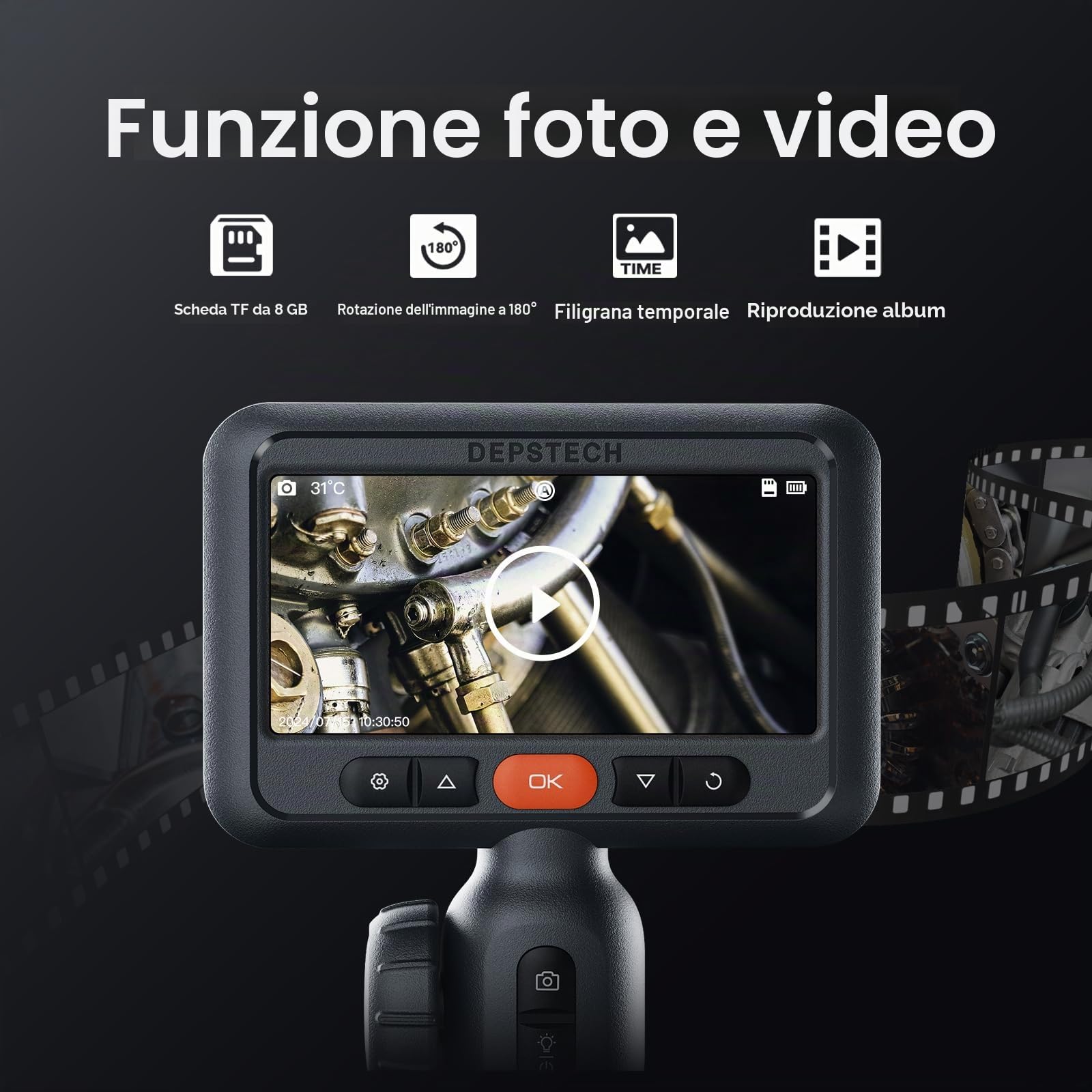DEPSTECH Endoscopio Doppia flessione 210° con due lenti, Telecamera Endoscopica HD 1080P con luce LED, display IPS da 4,5", sonda telecamera impermeabile flessibile da 8 mm per ispezioni auto (1,5 m)