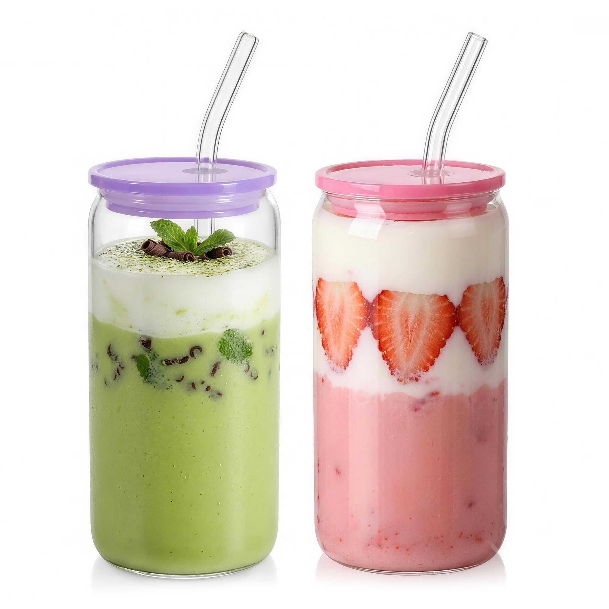 Bayseun Glass Tumbler with Lids, 2 Pack 500ml Reusable Cup with Straw for Iced Coffee & Smoothies, Dishwasher Safe, Drinking Glass for Home, Office, Travel (Acrylic Lids - Red Purple)