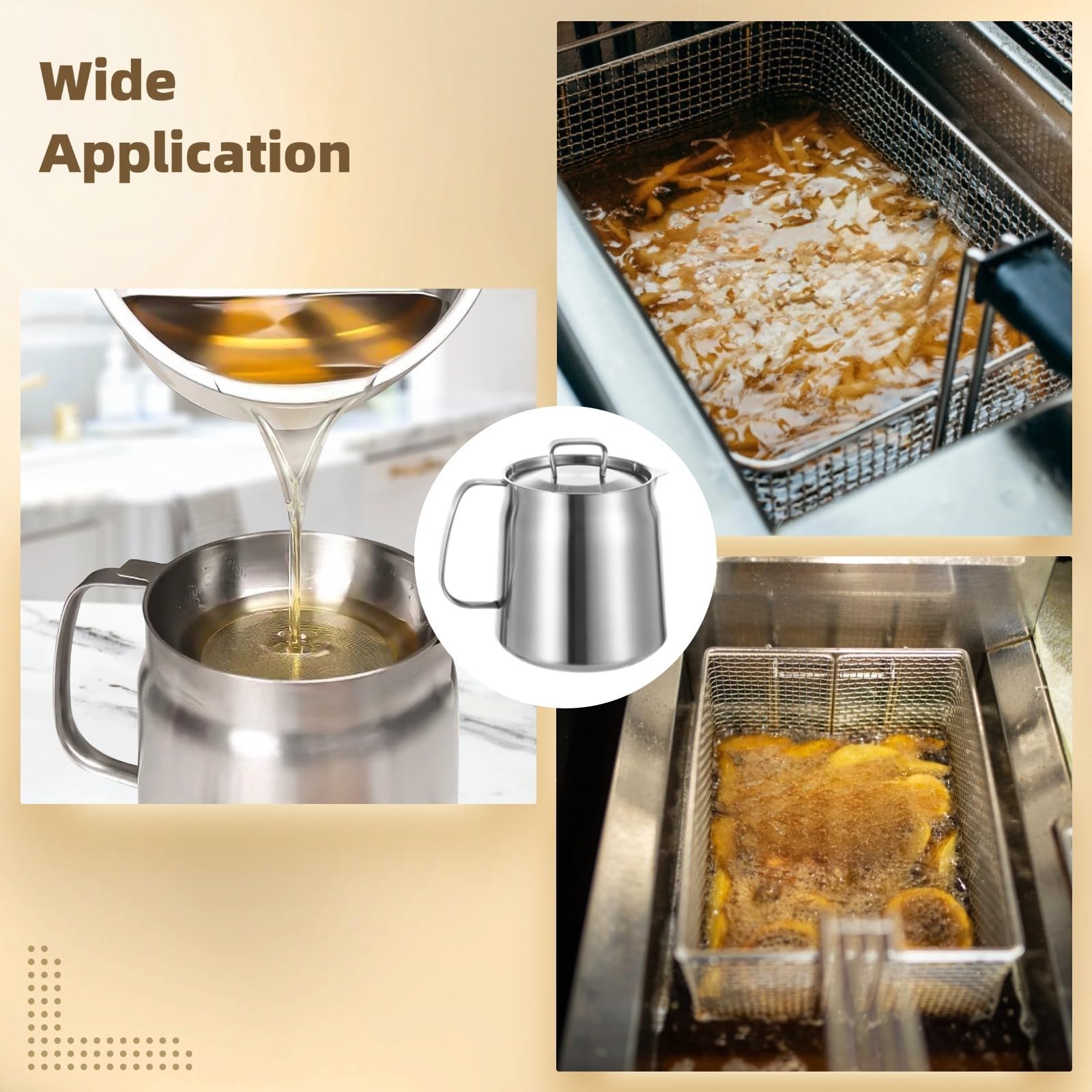 Pot de filtre à huile en acier inoxydable de 2 L, pot de cuisine multi-usage avec passoire à mailles fines, panier à frire et couvercle pour filtrer le thé, le café et l'huile