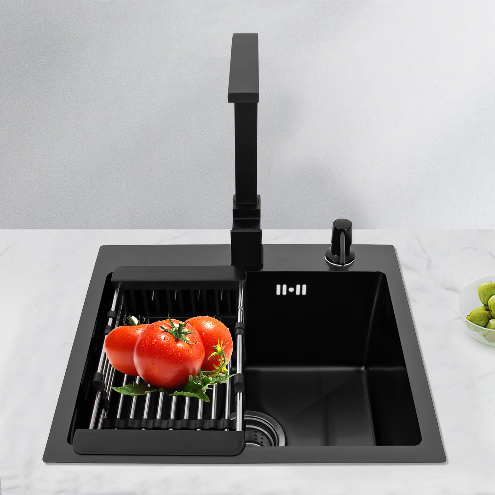 Kit de fregadero de cocina de acero inoxidable negro mate, incluye fregadero empotrado, grifo de cocina con dispensador de jabón y bajante de 45 x 40 cm, giratorio 360 ° - Fregadero Cocina 1 Seno