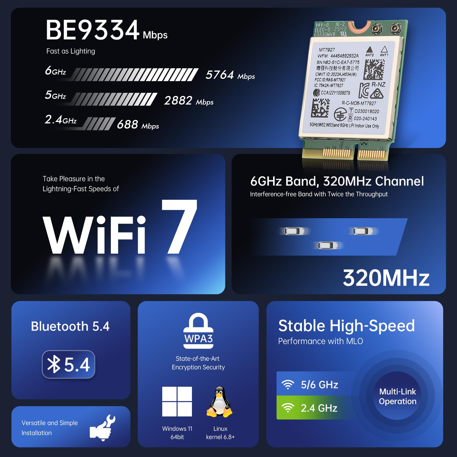 EDUP Tarjeta WiFi 7 BE9300 Adaptador de Red Inalámbrico Tri-Banda 802.11be 2.4/5/6GHz, Bluetooth 5.4, MLO, M.2 Key E/A 2230 Módulo Wi-Fi 7 para PC y Portátil, Intel y AMD, Compatible con Windows 11