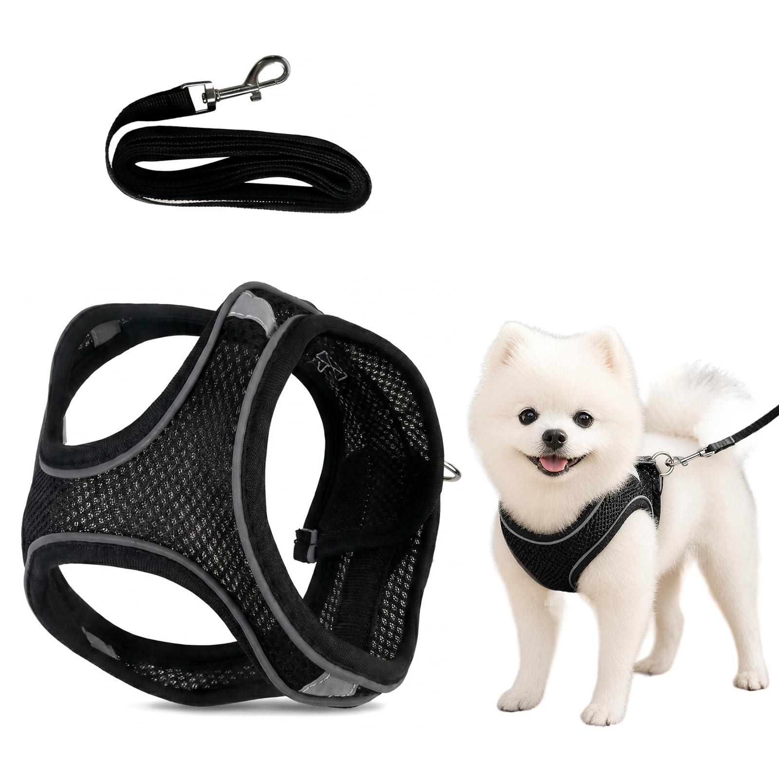 Dog Harness and Lead Set, Small Dog Harness with Leash, Breathable Mesh Puppy Collar and Lead Sets for Extra Small Dogs, Black S