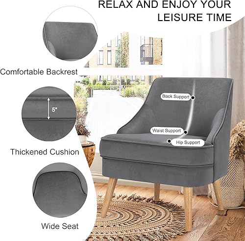 Miniatura 6 de Giantex Silla decorativa de terciopelo, sofá individual de mediados de siglo con patas de madera de goma, cómoda silla pantufla, silla auxiliar