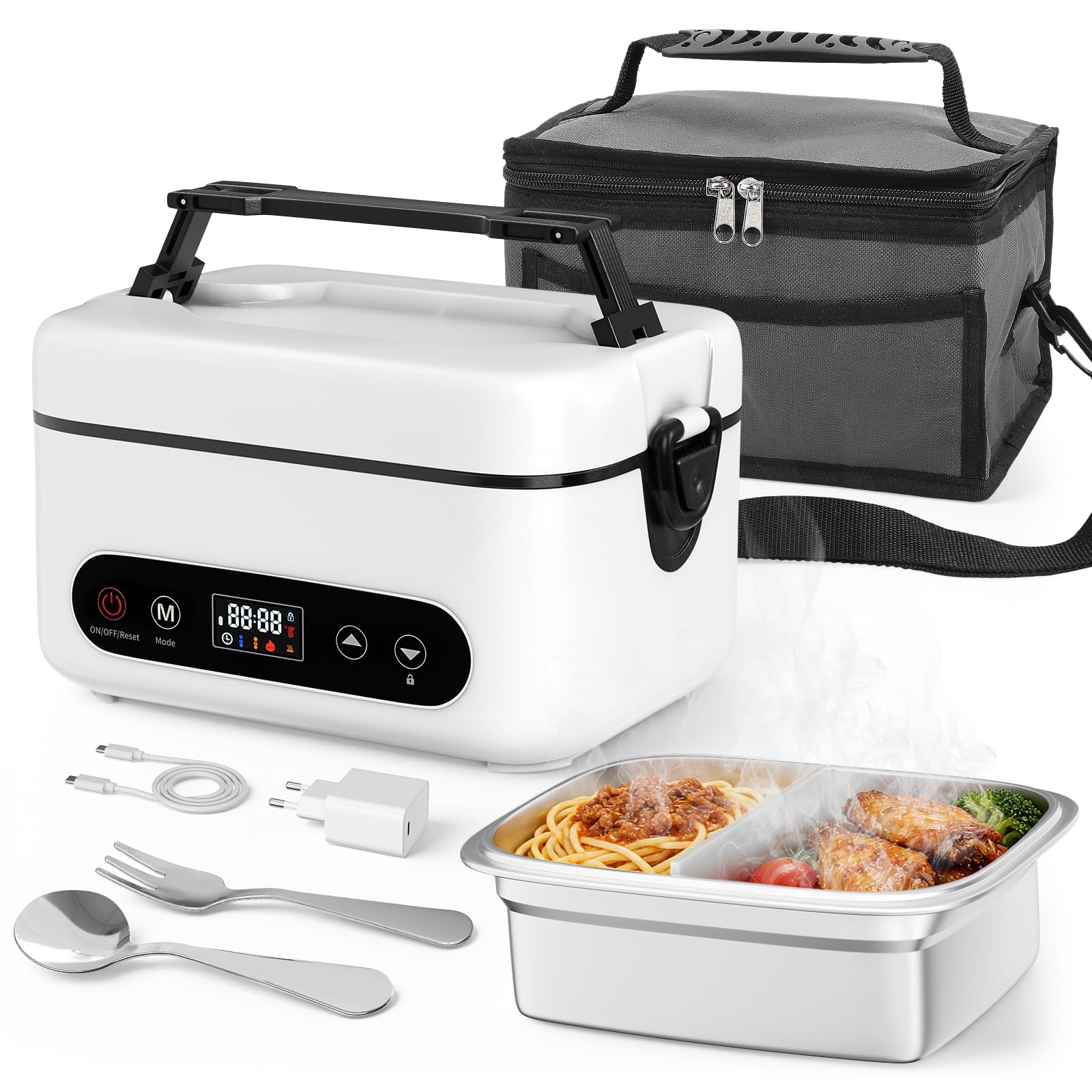 Fiambrera Eléctrica,Fiambrera Recargable Taper Electrico Para Comida, Calentador de Alimentos portátil de 1L con Calentamiento Automático para Oficina, Picnic, cubiertos y bolsa isotérmica