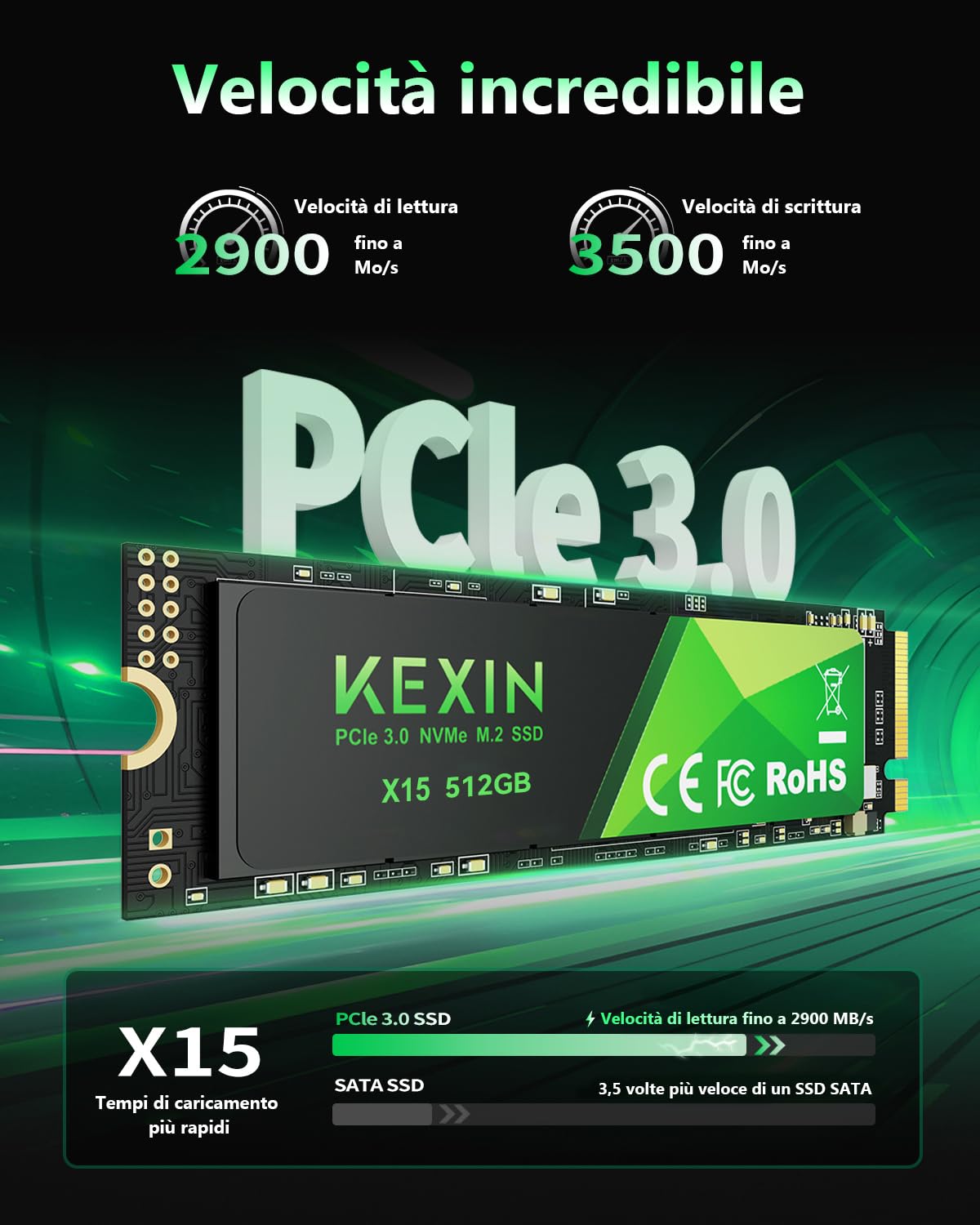 KEXIN 512GB Interno SSD Fino a 3400MB/s M.2 PCLe 3.0 NVMe SSD Internal Solid State Drive