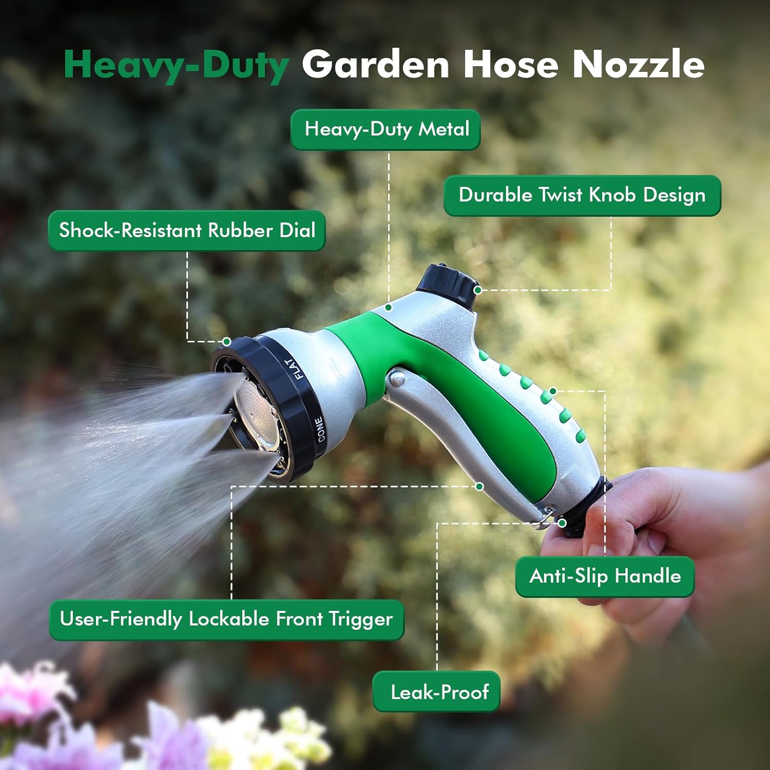 RESTMO Heavy Duty Metal Garden Hose Nozzle, Hose Spray Nozzle with Removable Spray Disc & Trigger Control, High Pressure Sprayer with 6 Adjustable Watering Patterns, for Plants, Car & Pet Washing