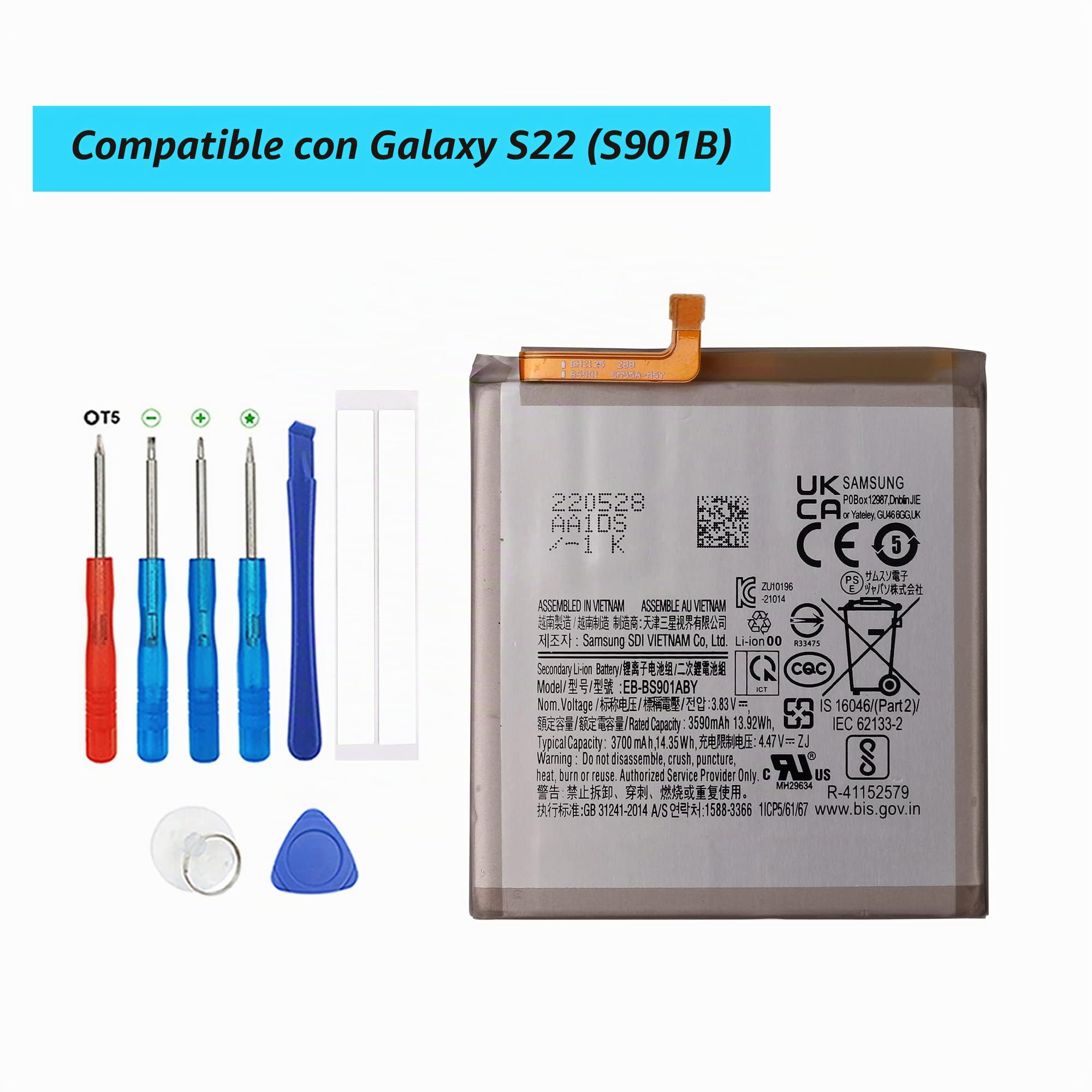 Batería de repuesto Vvsialeek EB-BS901ABY para Galaxy S22 (S901B) con kit de herramientas gratuito (3590 mAh).