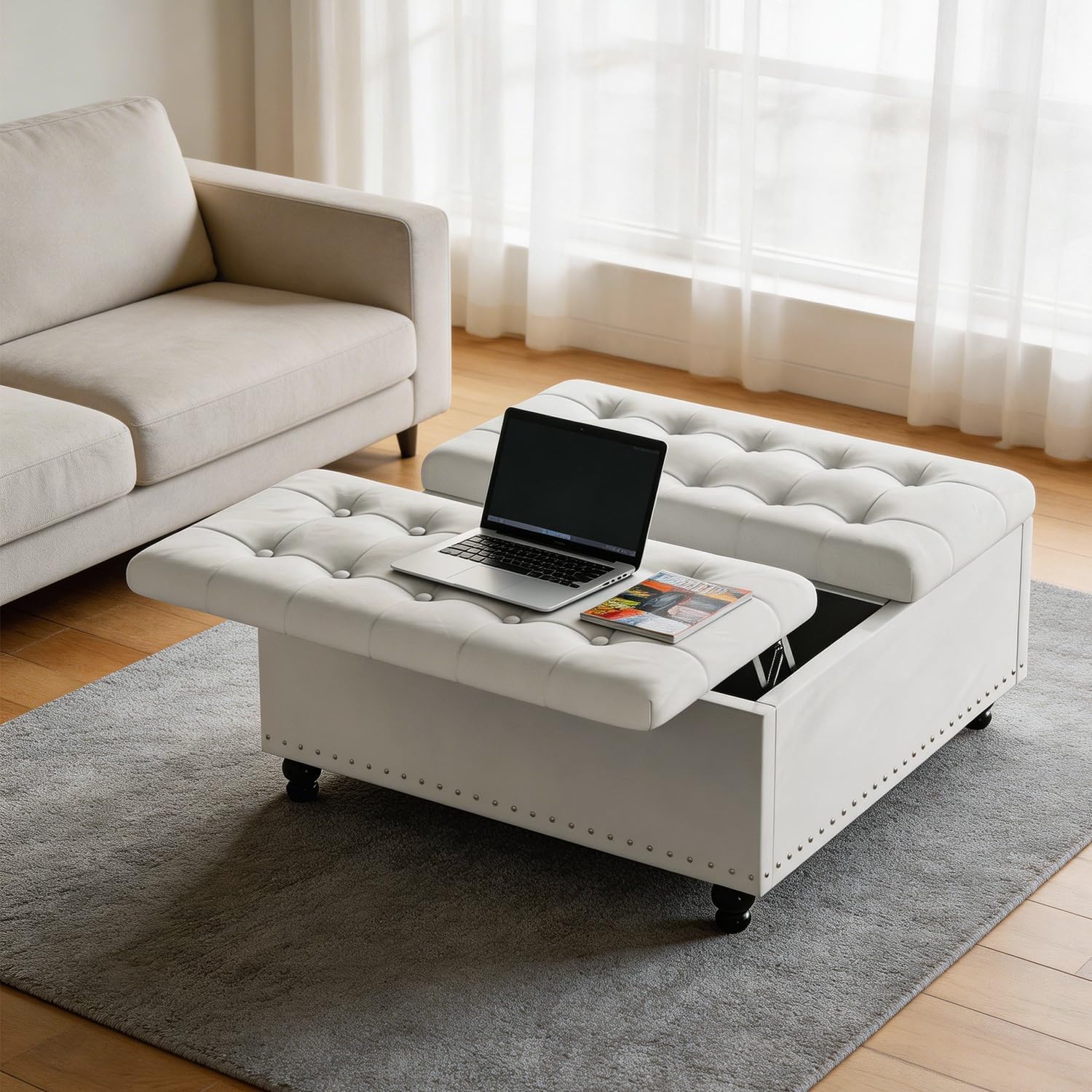 FUXA 35 Inch Large Square Ottoman with Storage, Oversized Ottoman Coffee Table with Lift Top and Wood Legs, Tufted Upholstered Storage Ottoman Bench for Living Room (Beige)