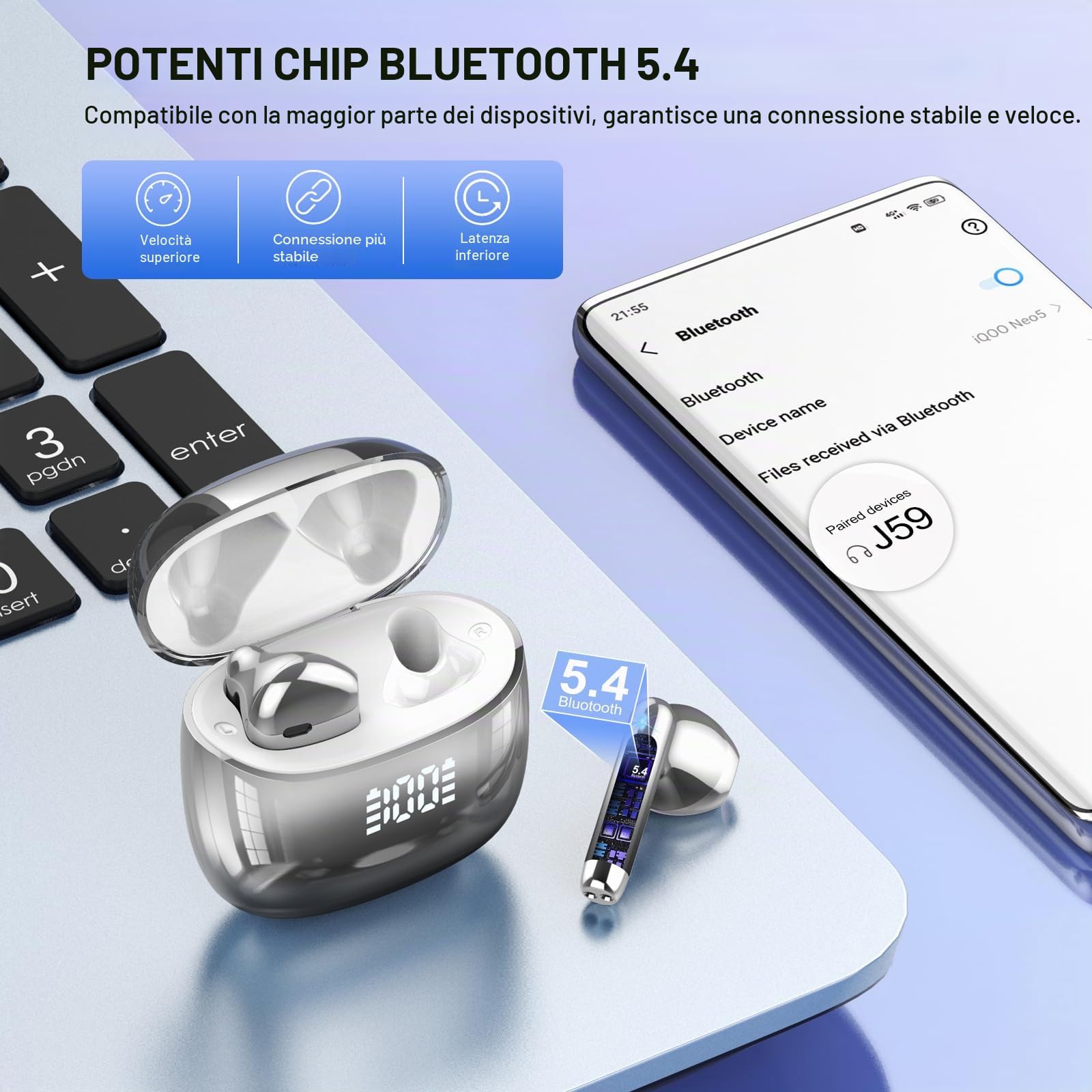 Cuffie Bluetooth 5.4 con Driver 14.2mm, IP7 Impermeabili, 40H Display LED, Nero