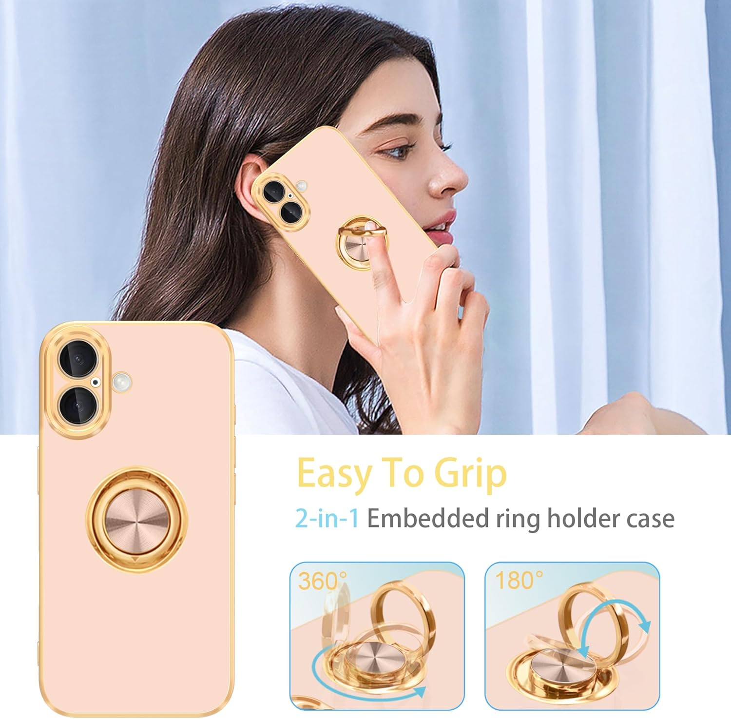 Fingic for iPhone 17 Phone Case[with 360° Ring Holder][Support Magnetic Car Mount] Cute Kickstand Slim Women Girls Nonslip Hard PC Soft TPU Rugged Bumper Protective Case for iPhone 17,6.3",Rose Gold - Image 5