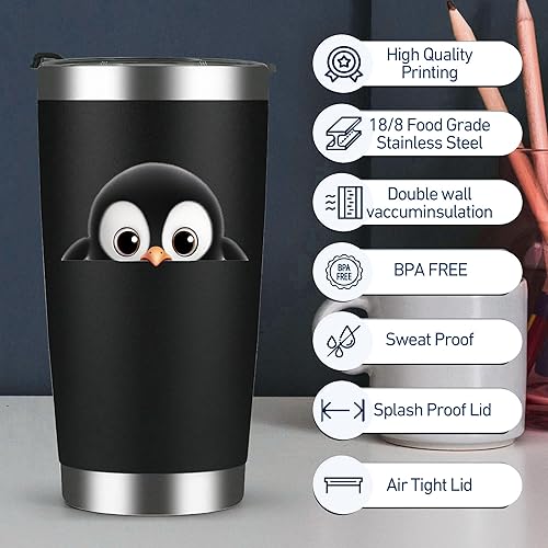 Miniatura 3 de Penguin - Vasos aislados de acero inoxidable negro de 20 onzas, vaso de pingüino, regalos para mujeres, graduación, regalos de amistad
