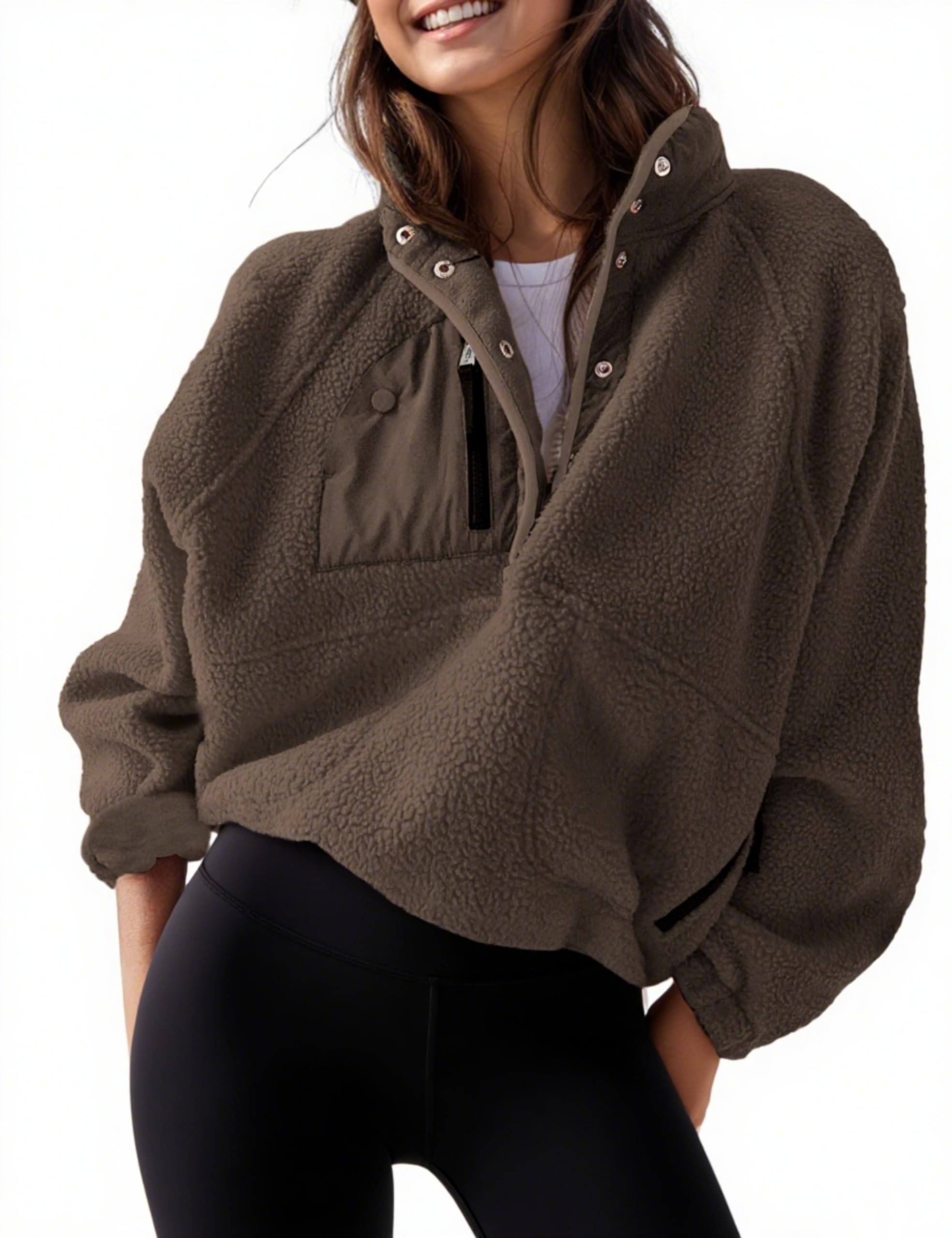 Women’s Lightweight Fleece Pullover Jacket Cropped Fall Winter Fuzzy Sherpa Jacket Sweatshirt Coat with Pockets