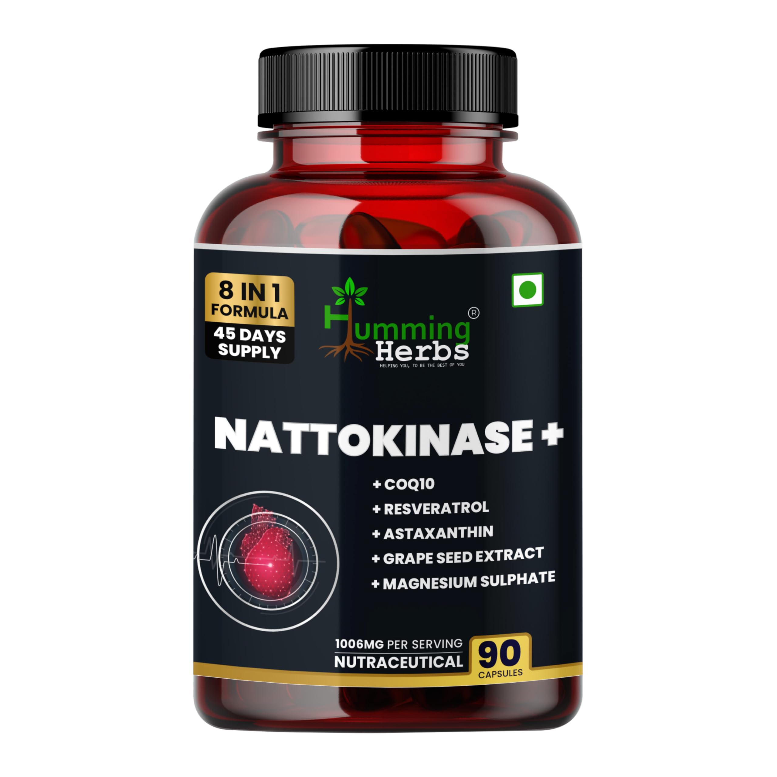 Humming Herbs Nattokinase+ 1006mg with CoQ10, Resveratrol, Astaxanthin & Grape Seed | 90 Veg Capsules | 8-in-1 Formula for Daily Heart & Wellness Support | 45 Days Supply