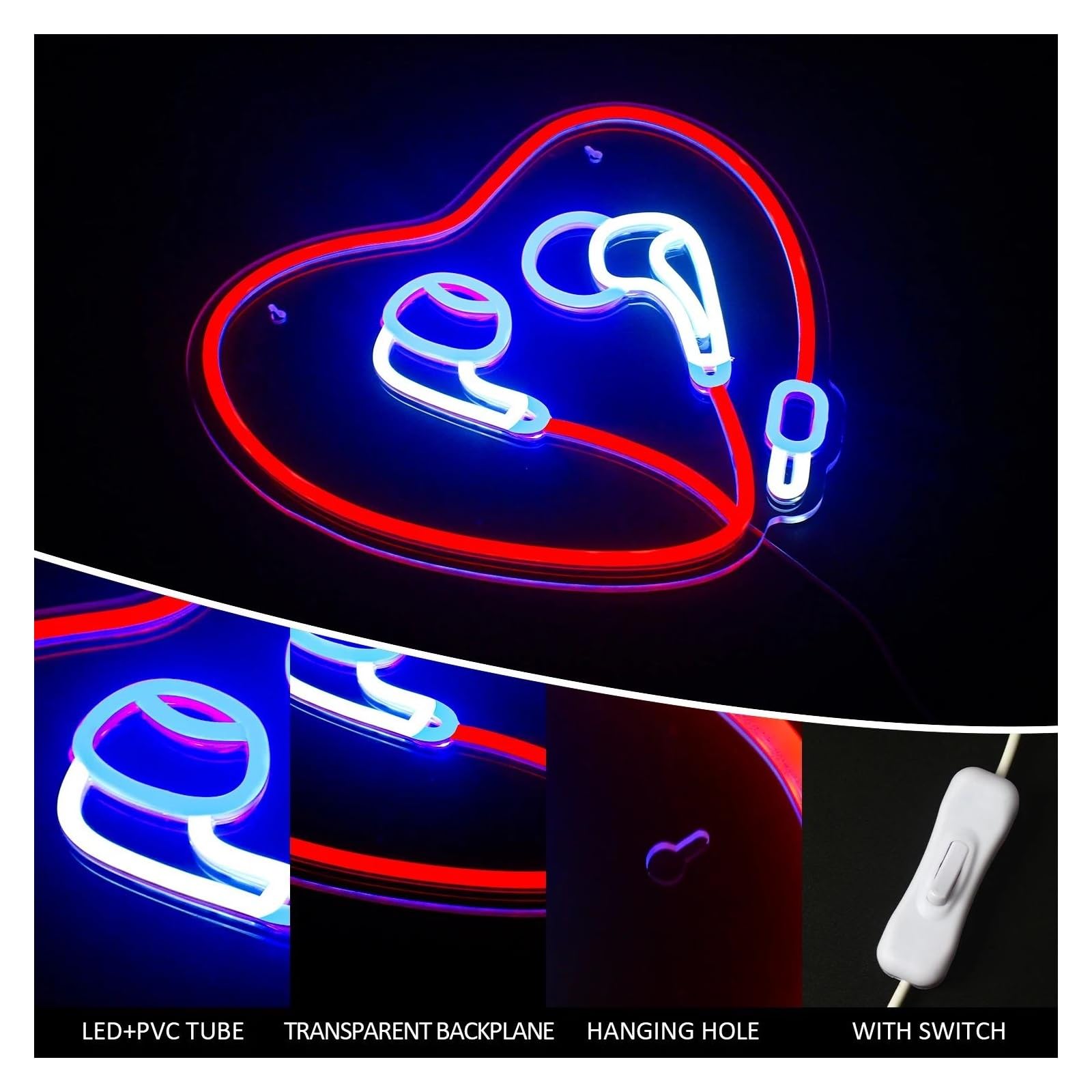 Wiszące neony artystyczne Neon Słuchawki W Kształcie Serca Światło Neonowe Znak Led Wystrój Studia Muzycznego Music Bar/Music Disco Dekoracje Ścienne