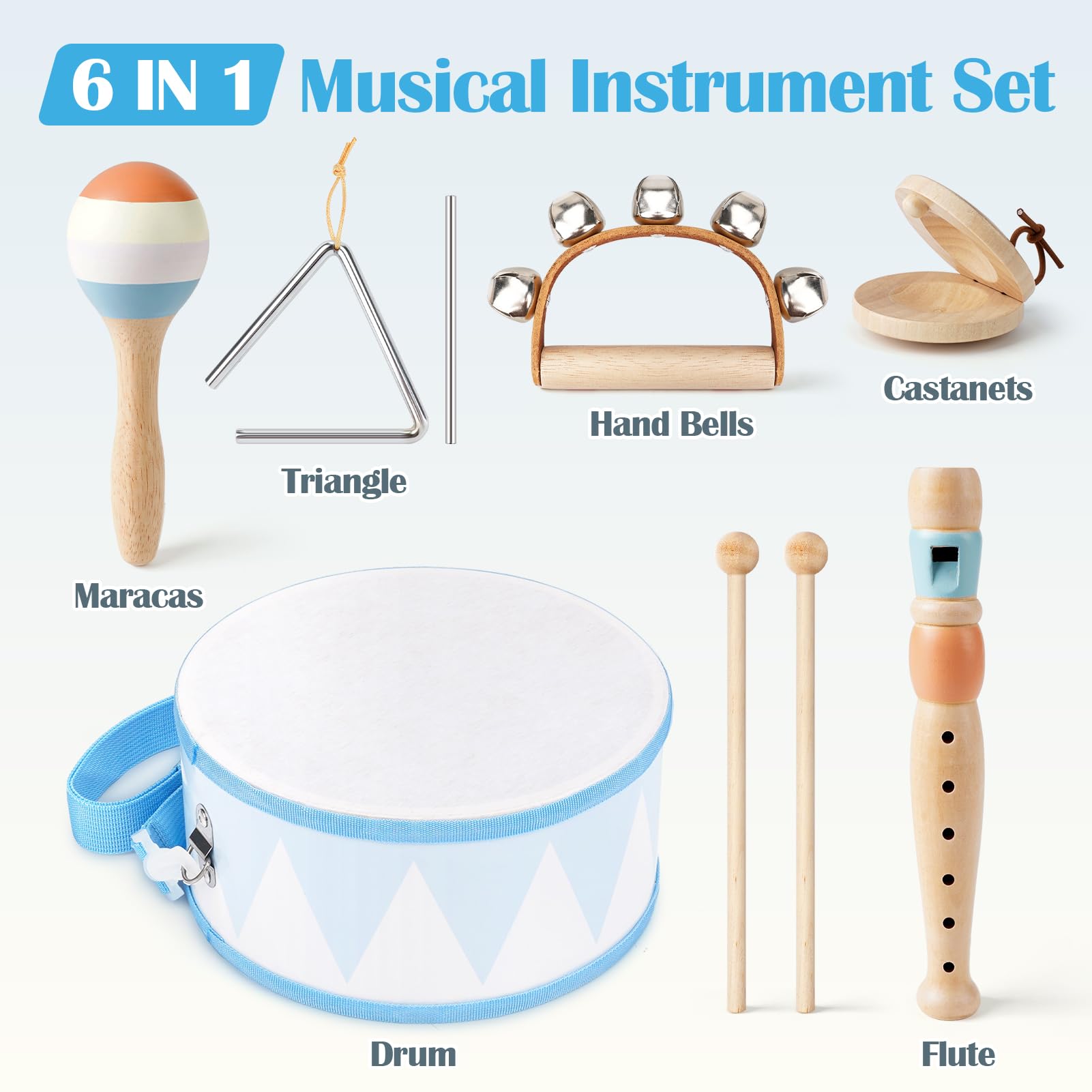 Kids Drum Kit 6 in 1 Musical Instruments Baby Toys Wooden Toys Sensory Toys for 2+ Year Old Boys Girls Baby - Image 2