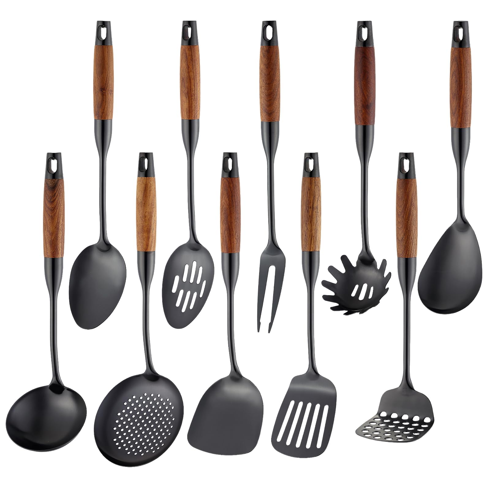 Küchenutensilien-Set aus Edelstahl mit Holzgriff, 18/10 Metall-Kochutensilien-Set, 10-teilig – Spatel, Löffel, Schöpflöffel, Schaumlöffel, Schaumwender, Pasta, Pfannenwender, Schöpflöffel, Gabel