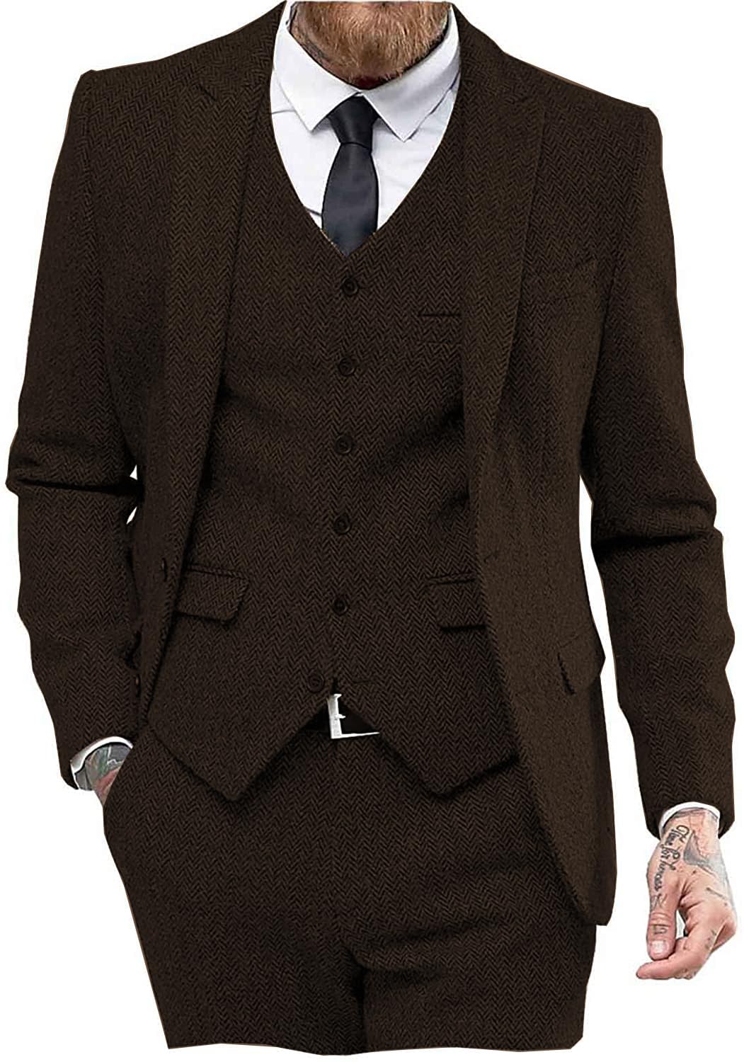 Mens Tweed Herringbone Wedding Suit Prom Tuxedos 3 Piece