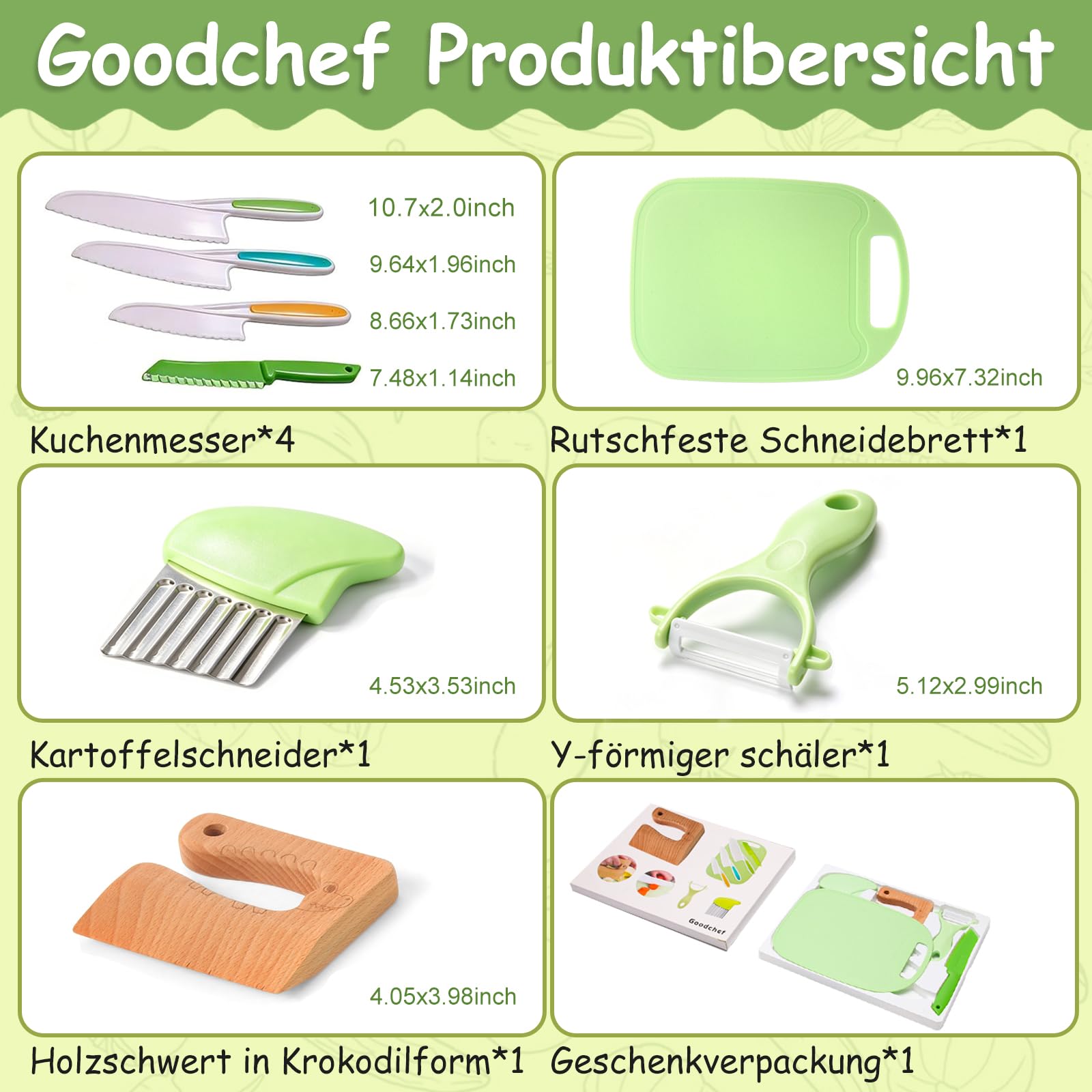 Goodchef Zestaw 8 noży kuchennych dla dzieci, do krojenia i gotowania, owoców lub warzyw, w tym drewniany nóż, deska do krojenia i obieraczka, krokodyl