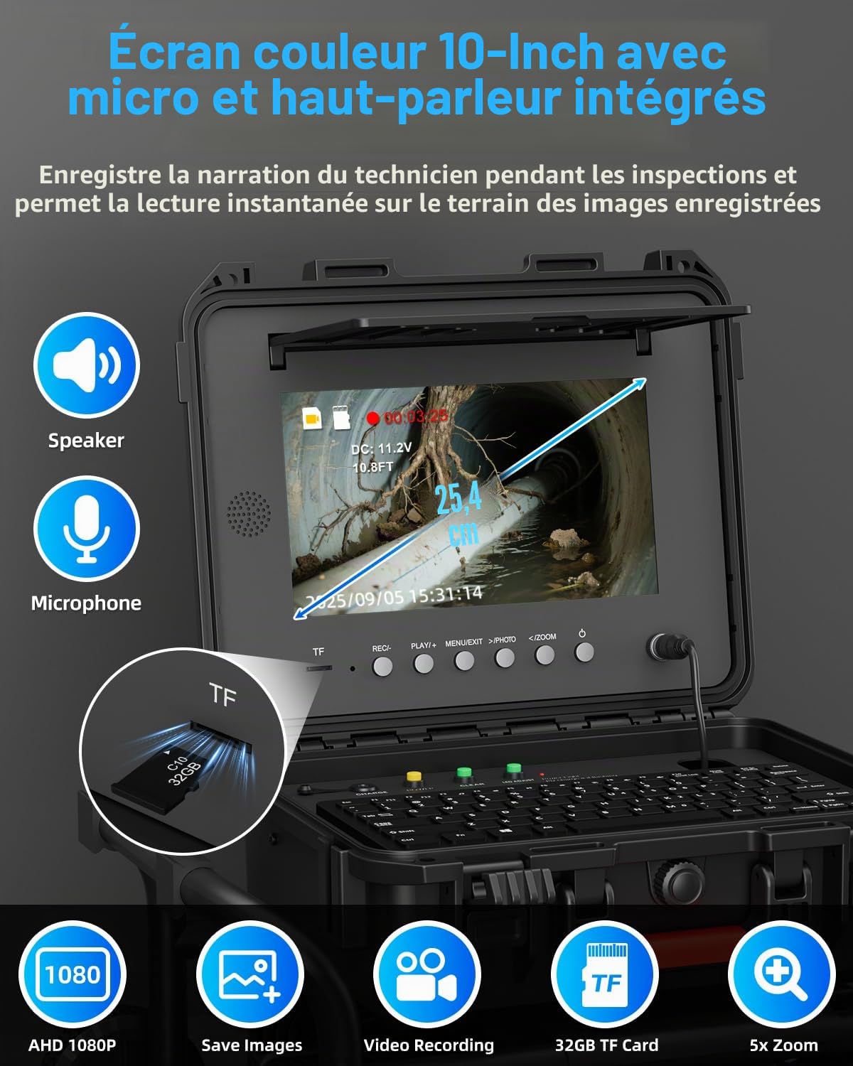 Caméra d'égout HD, Camera d'inspection Canalisation 50M, Camera d'inspection de Tuyau avec Compteur de Mètre, Autonivelant, Émetteur 512Hz et Clavier, Endoscope de Drainage avec Poignée Rétractable