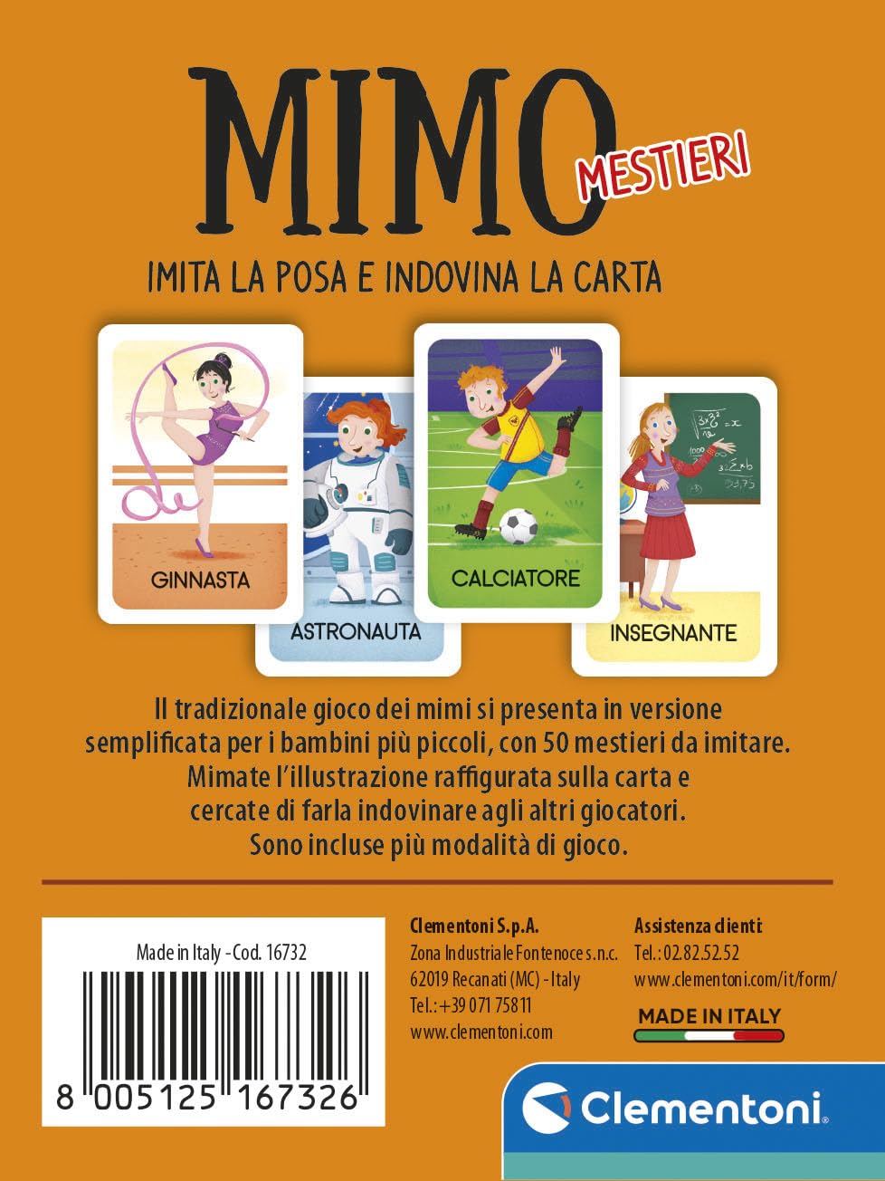 Clementoni - Mimo Mestieri, Mazzo di 50 Carte per Imitare Pose e Indovinare l'Azione, per Bambini 5+ Anni e Tutta la Famiglia, 2-6 Giocatori, Idea Regalo Made in Italy, Lingua Italiana, 16732