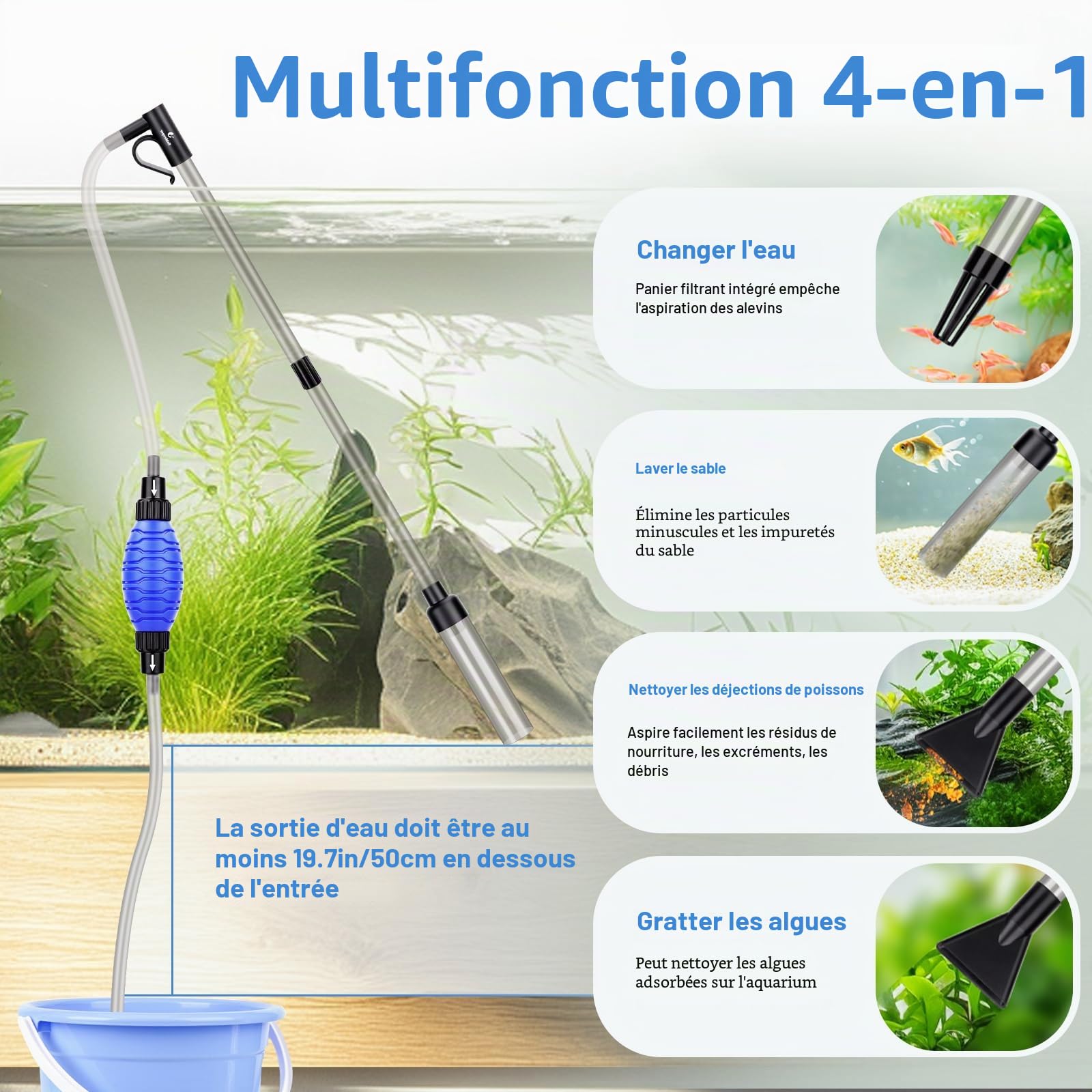 fishkeeper Aquarium Changer l'eau, Filtre de Sable de Nettoyage d'aquarium, réservoir de Poissons Kit de Nettoyage de Gravier d'aquarium avec débit d'eau réglable pour Le Nettoyage du Sable
