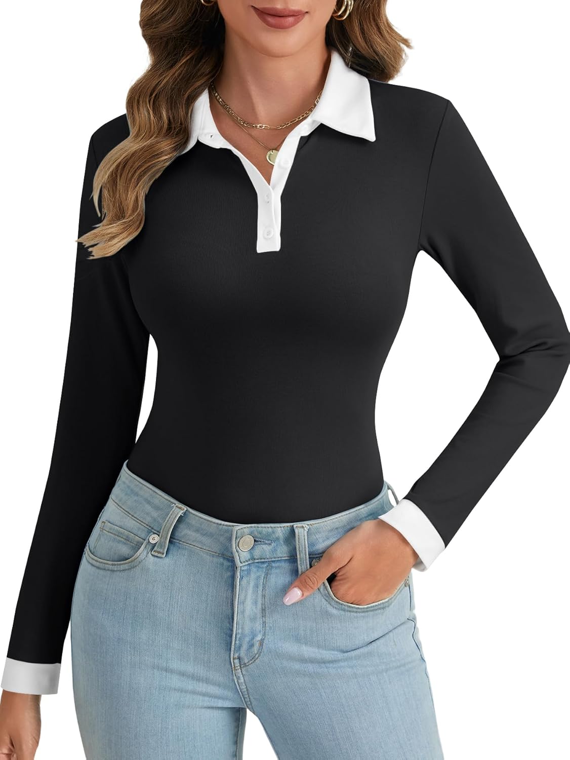 Rooscier Women's Ringer Collar Neck Button Down Ribbed Knit Long Sleeve Slim Fit Bodysuit Top - Image 2