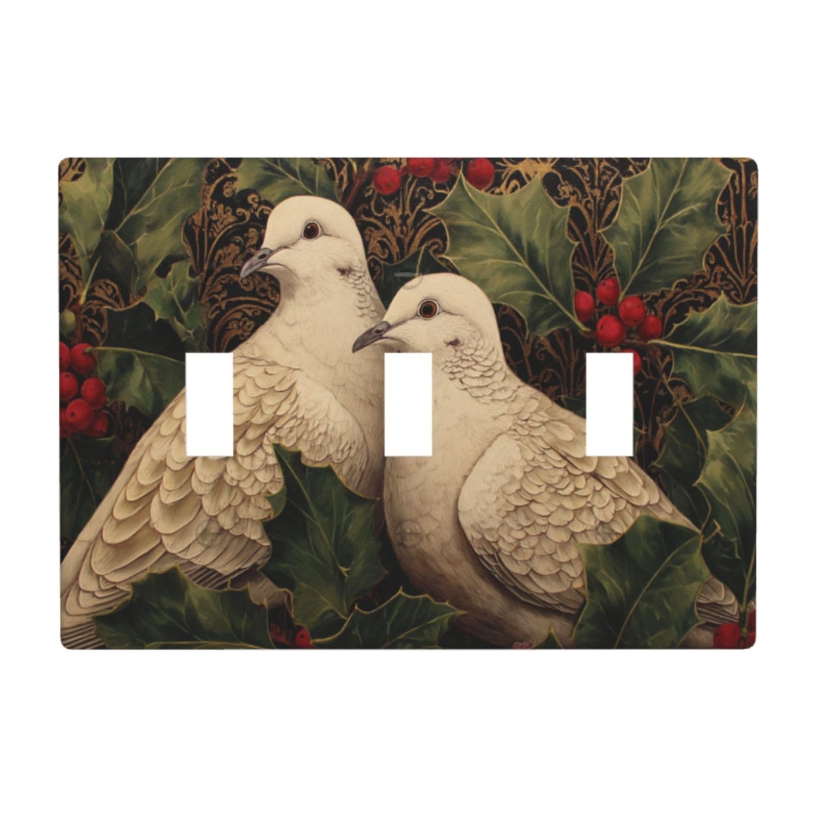 Two Turtle Doves with Holly Trimmings Surrealist Light Switch Covers 3 Gang Triple Toggle Wall Plate Switchplate Electrical Faceplate for Bathroom Kitchen Bedroom Decor
