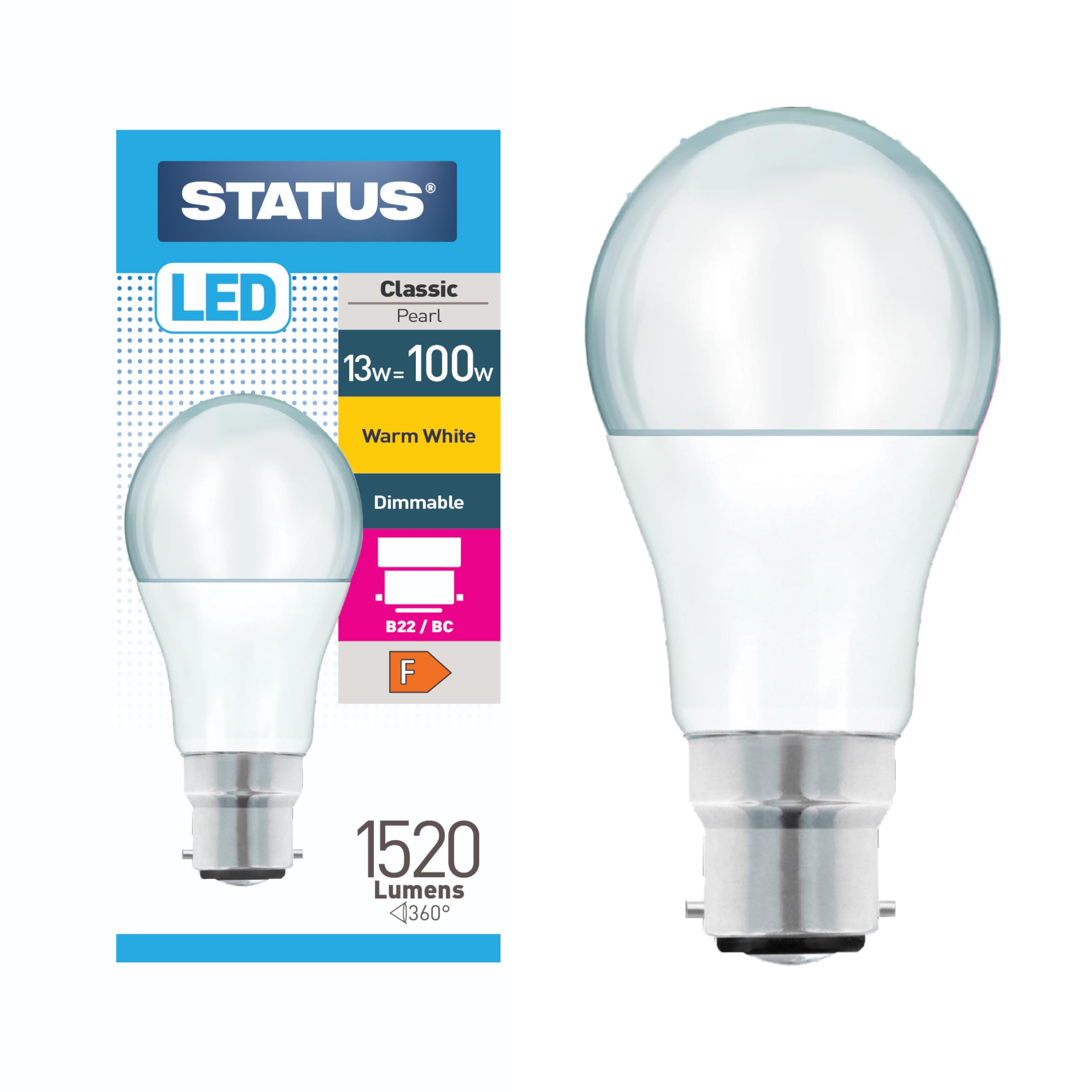 Status 13w = 100w = 1521 lumens Dimmable LED - GLS - B22 - PA - Pearl - Warm White - 1 pk Box - in White CDU