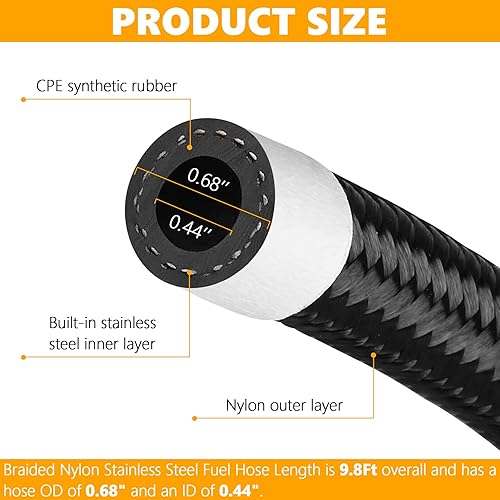 Miniatura 2 de 8AN - Manguera de línea de combustible de 10 pies, acero inoxidable, nailon trenzado, manguera de línea de combustible de aceite y gas, 716 pulgadas