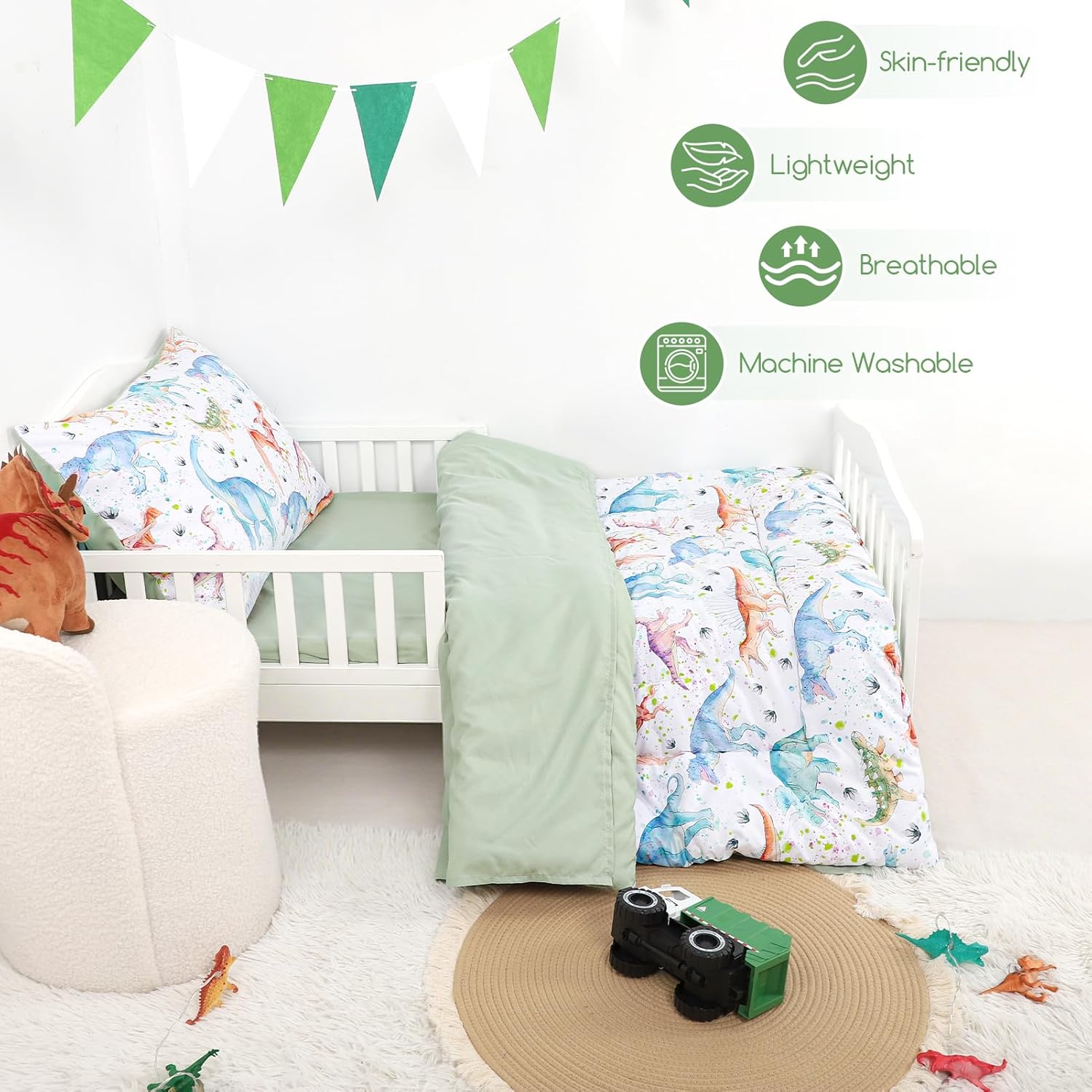 GFU 4 Piece Toddler Bedding Set, Ultra Soft and Breathable Toddler Comforter Sets for Goys Includes Quilted Comforter, Fitted Sheet, Flat Sheet and Pillowcase, Colorful Dinosaur - Image 7
