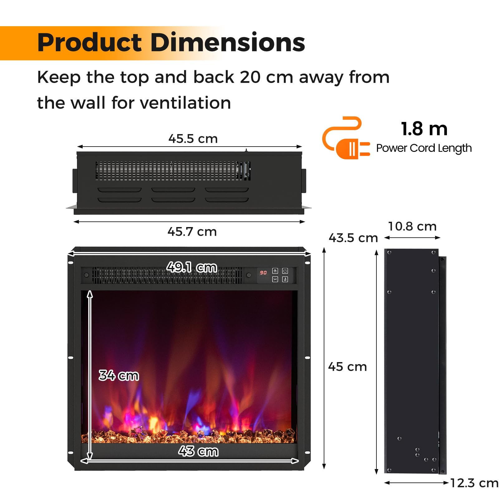 SOARS Camino Elettrico 1500W, Caminetto Elettrico con Effetto Fiamma LED a 8 Colori, 3 Livelli di Luminosità,17-32℃, Protezione Anti Surriscaldamento, Telecomando (49,1 X 12,3 X 45 CM)