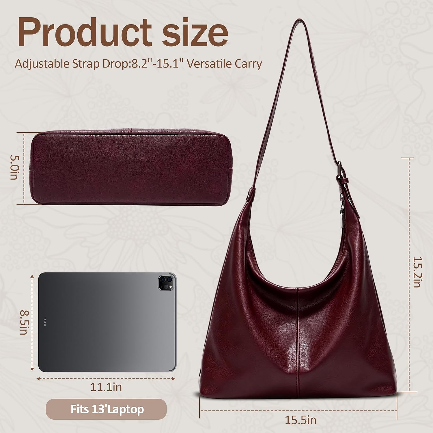 Hobo Bag for Women, Slouchy Shoulder Bag Large Vegan Leather Purses with Adjustable Strap