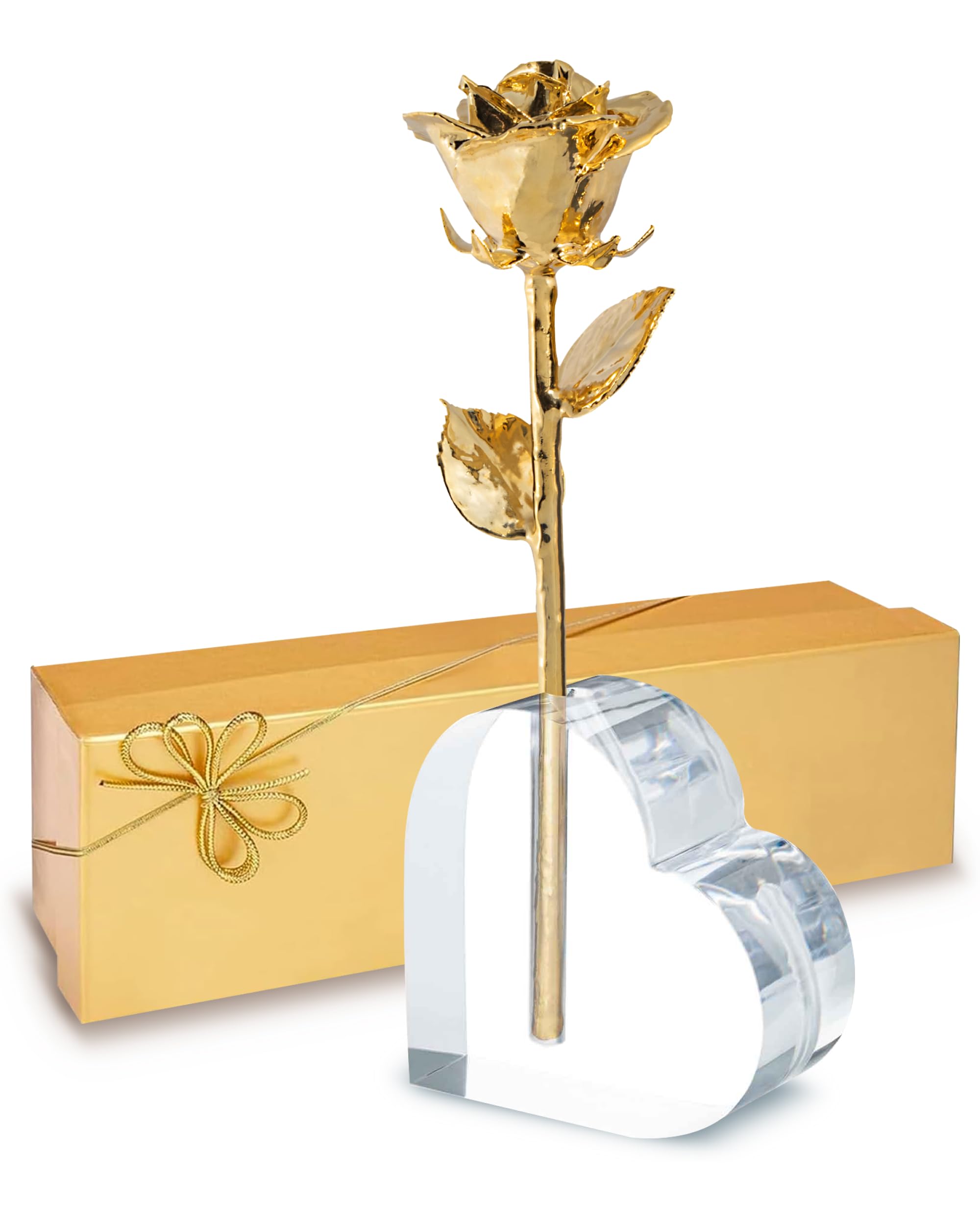 Forever Rose 24K Gold Dipped Real Rose, Handmade, Long-Lasting Preserved Flower in Acrylic Heart (One Rose) & Gold Box, Romantic Gift for Anniversary,
