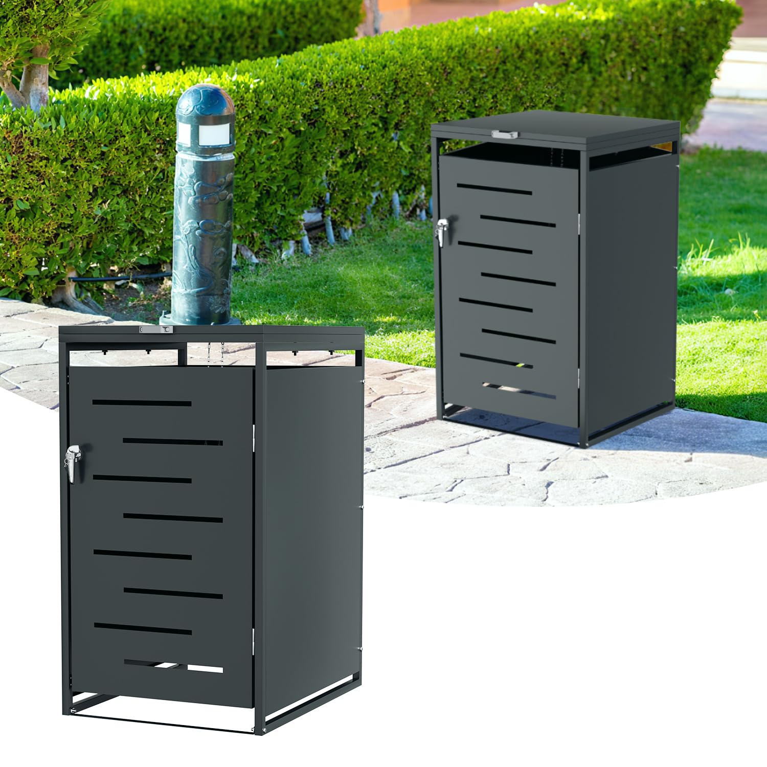 Mülltonnenbox 1er für 1 x 120L/240L Tonne, Mülltonnenverkleidung aus Verzinktem Stahl, Wetterfest, Abschließbar, mit Gasdruckdämpfer, Anthrazit