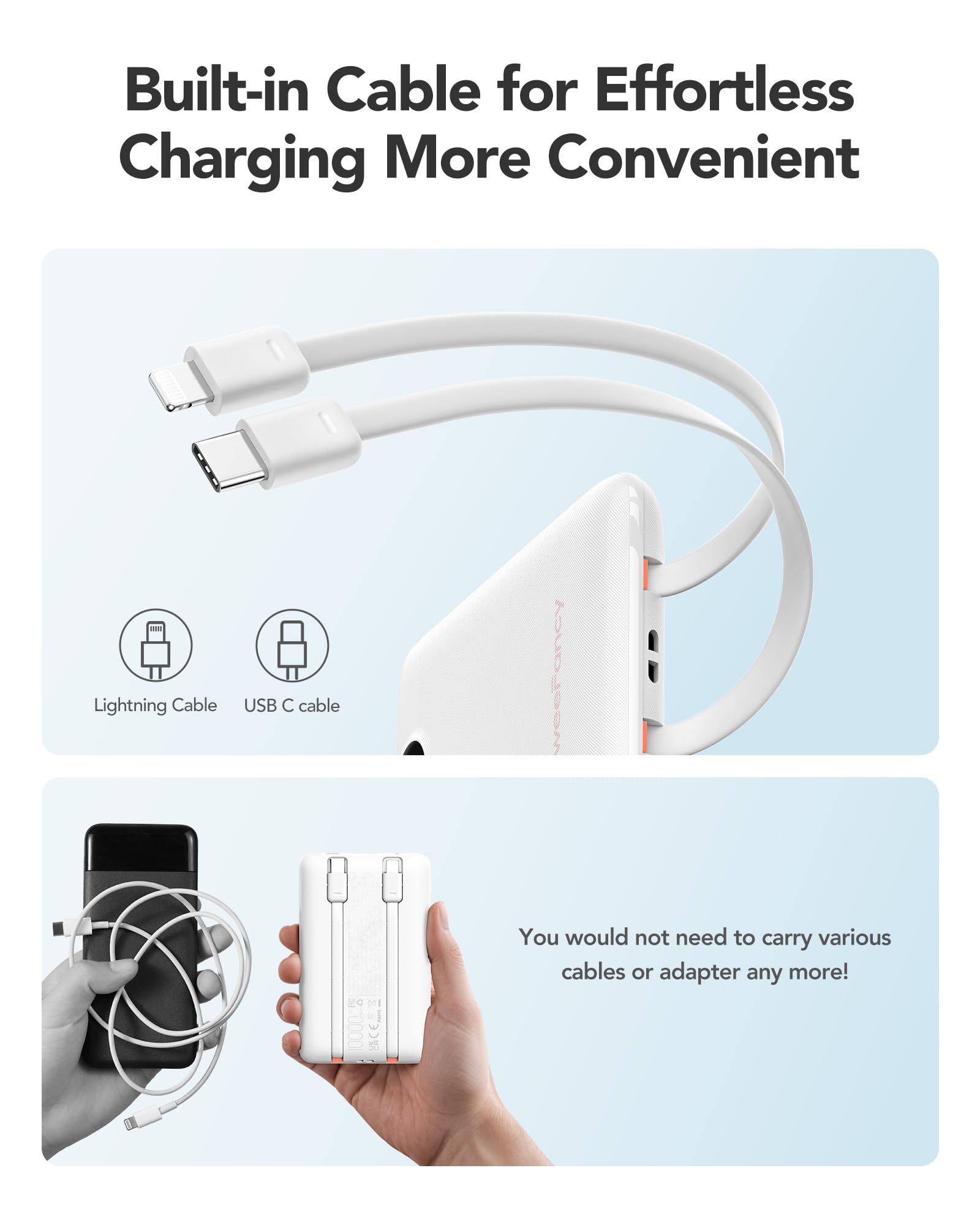 WeeFancy Power Bank 10000mAh 22,5W Caricatore Portatile Ricarica Rapida Mini Powerbank con Cavi Integrati Batteria Esterna con 3 Uscite & 3 Ingressi per iPhone Samsung Huawei Xiaomi iPad ecc. (Bianco)