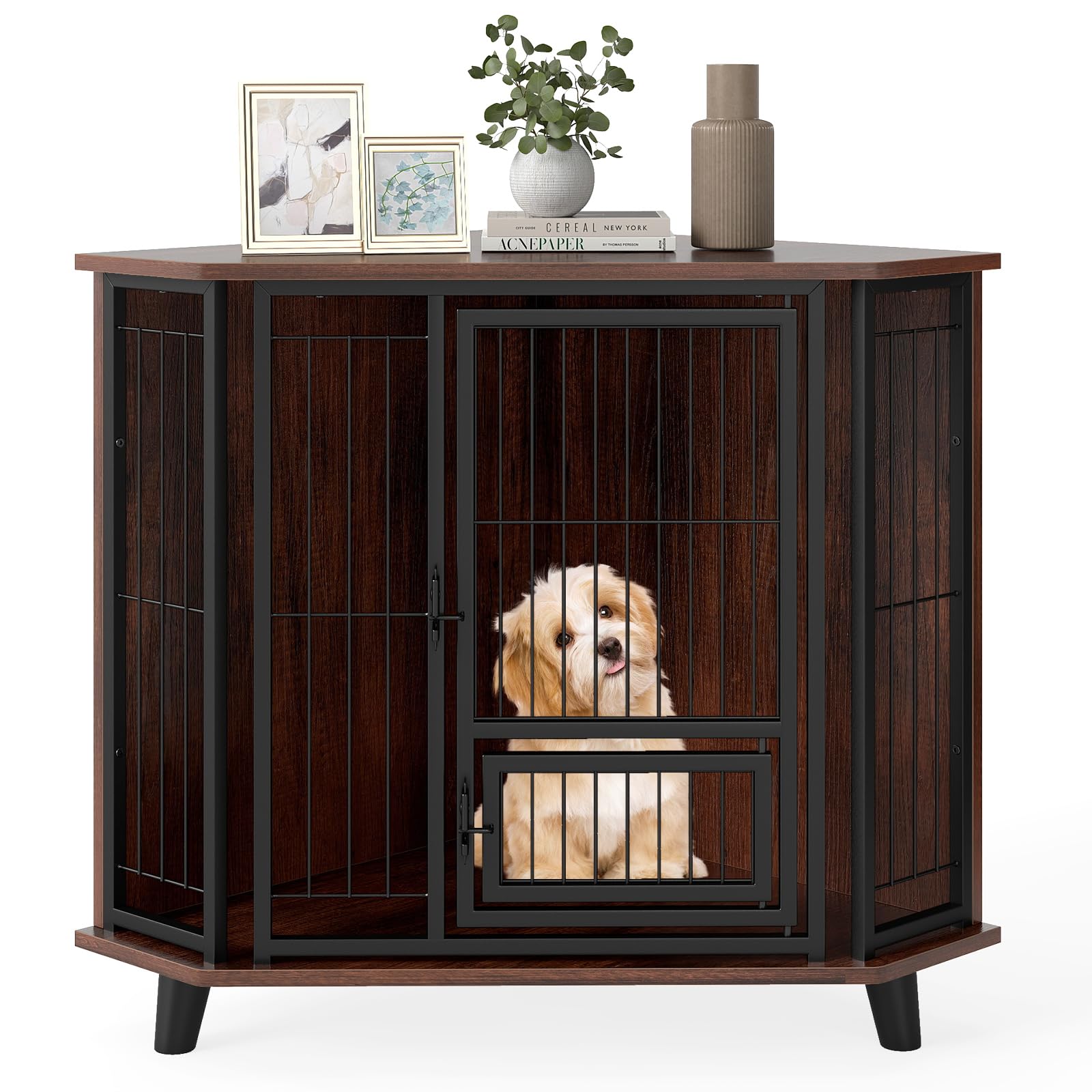 COSTWAY Mueble Esquinero para Perros, Muebles de Jaula Esquinera para Perros, Ahorra Espacio, Marco Metálico, Mesa Auxiliar Interior para Mascotas Pequeños Medianos Grandes, Soporta hasta 30 kg