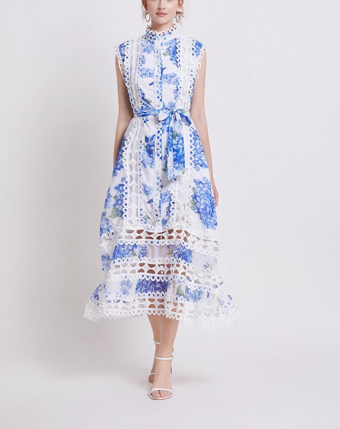 Women Lace Hollow Out Dress Party Midi Casual Sleeveless Button High Neck Dresses with Belt (X-Small,Blue White 7) - Image 5