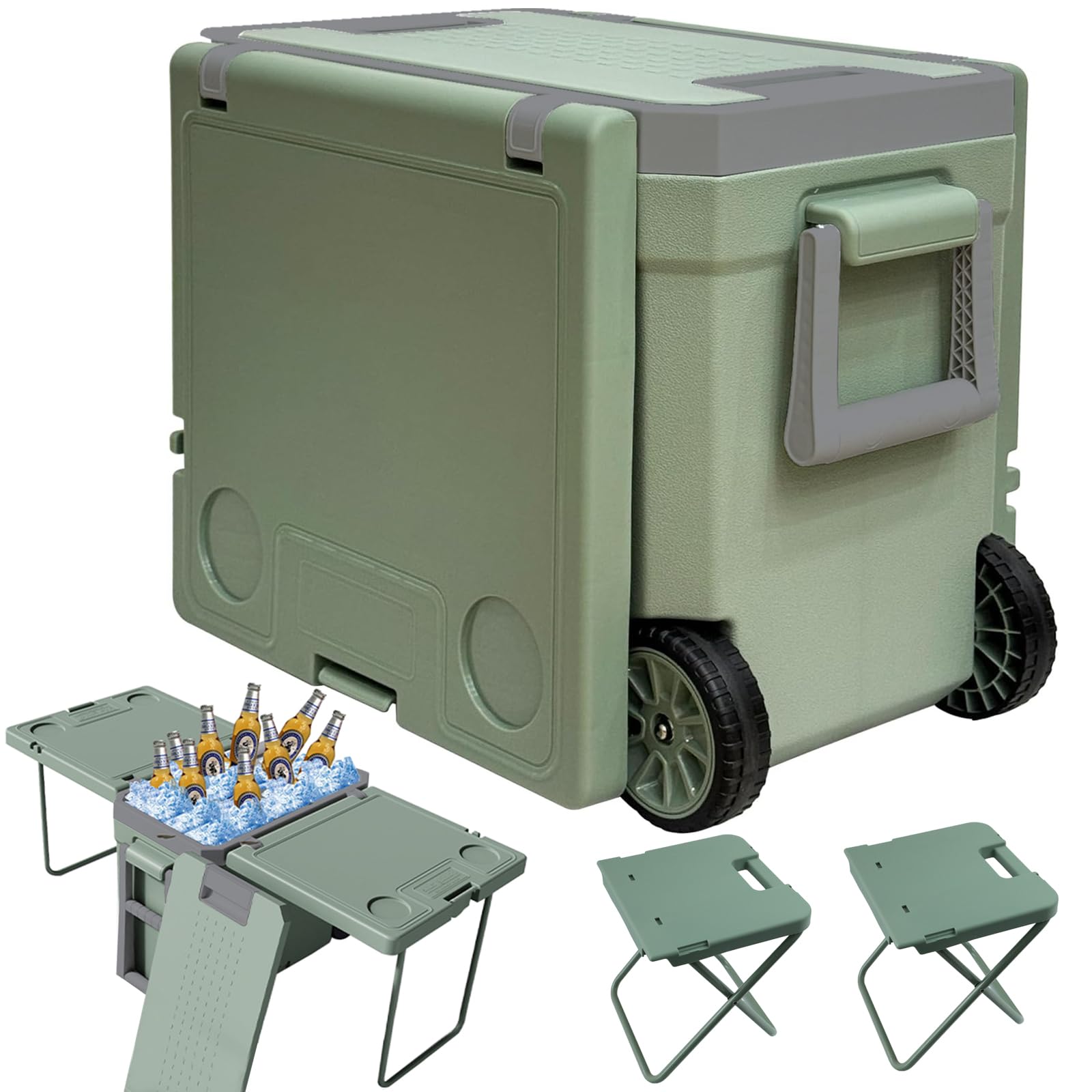 Nevera con ruedas, para mantener caliente y enfriar, mini nevera de 32 L, mesa plegable con dos taburetes pequeños para camping, pícnic o festivales