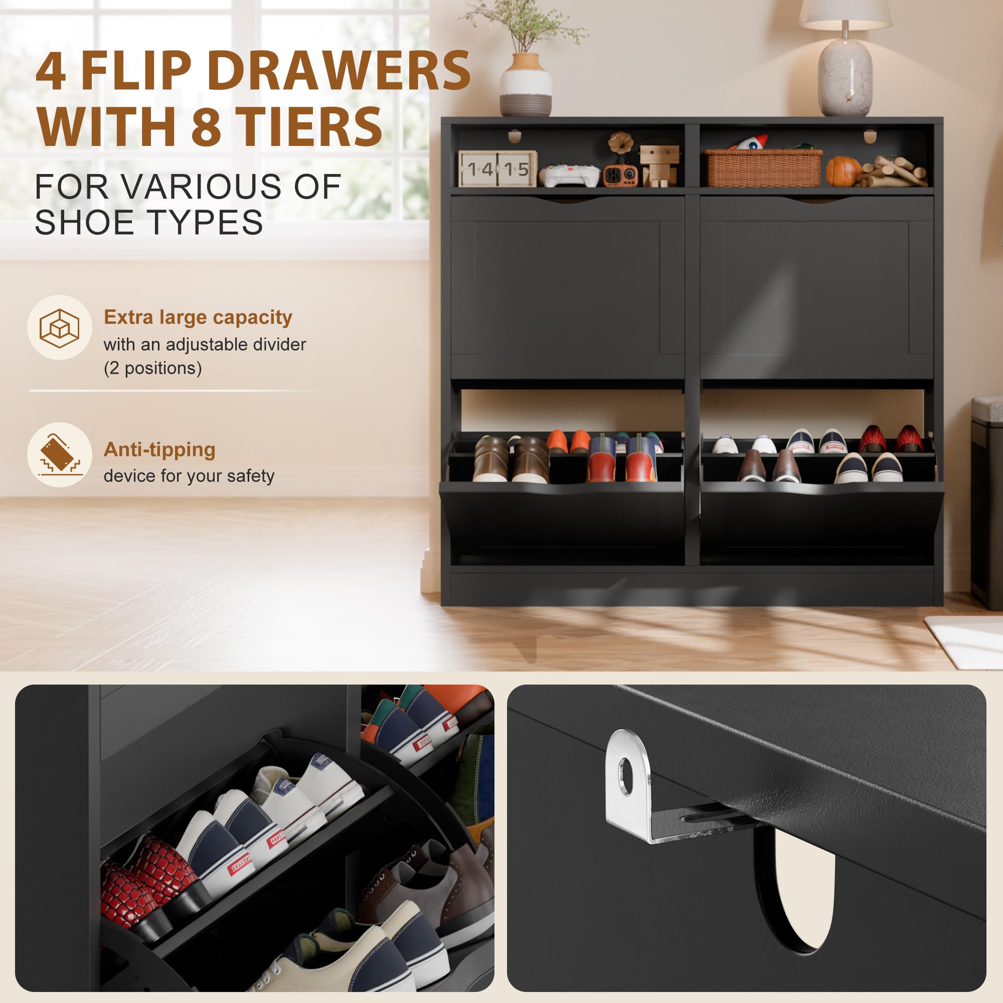 ELUCHANG Schuhschrank schmal mit 4 Klappen / 8 Ablagen, Platzsparender Schuhkipper Schuhkommode, Geschlossen Schuhregal, Shoe Cabinet Flurschrank für Diele/Flur/Garderobe, Schwarz