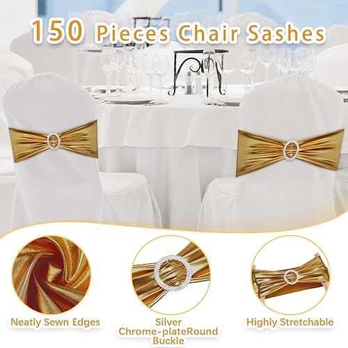 Miniatura 10 de CHENGU 150 bandas elásticas de elastano para silla, lazos elásticos para silla, lazos con hebilla deslizante para bodas, fiestas, recepciones,