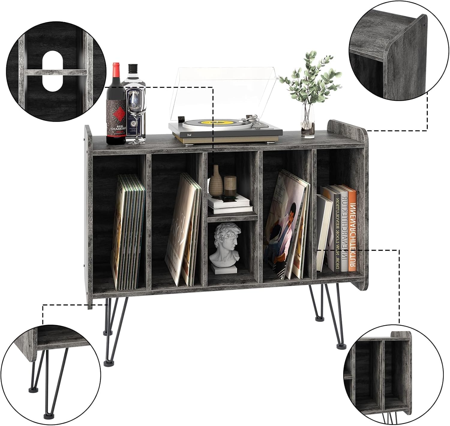 Supporto per giradischi in vinile, 2 ripiani, 5 cubi, può contenere fino a 250 album, mobiletto porta dischi in vinile per soggiorno, tavolino retrò e mobile porta LP (grigio)