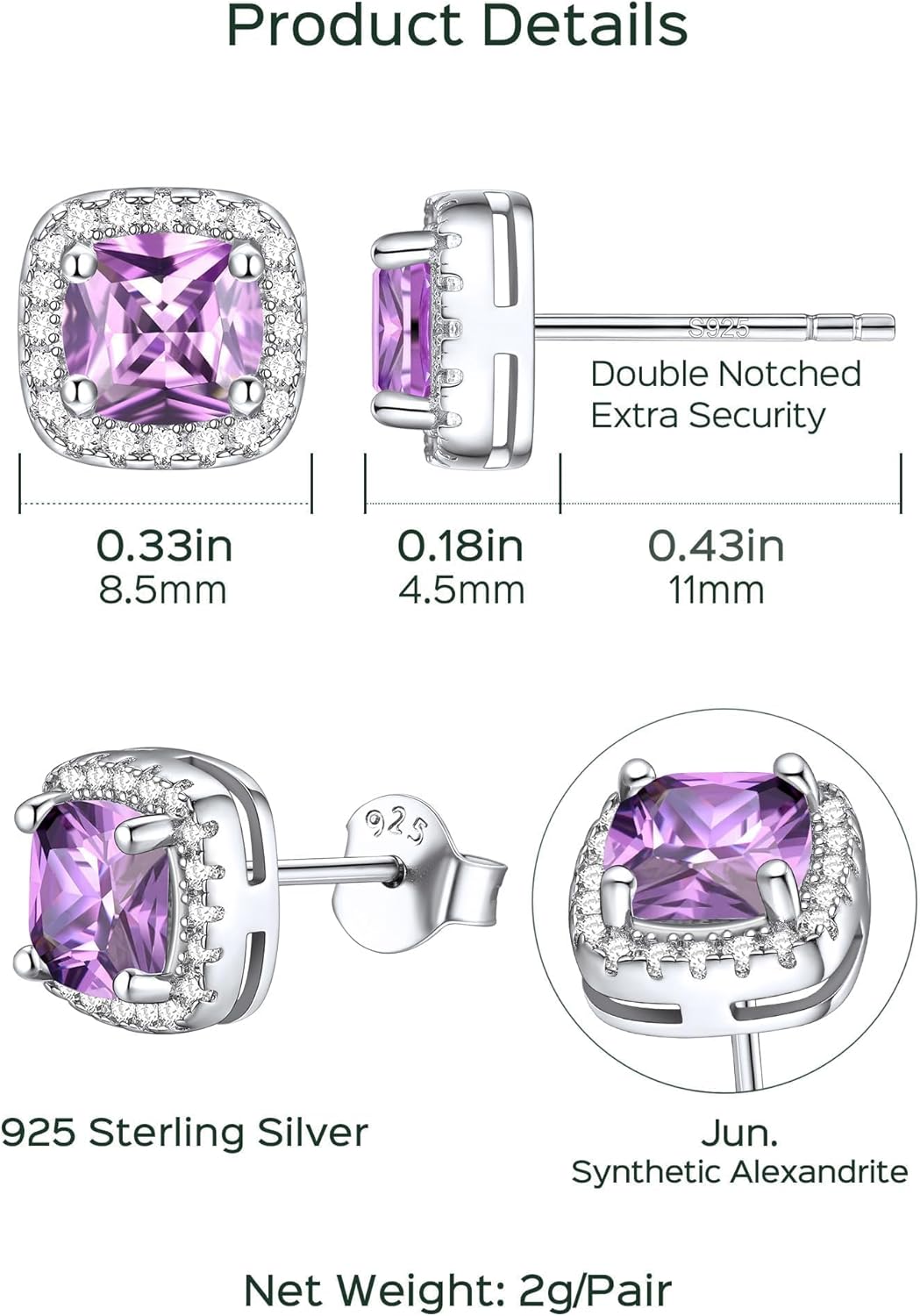 ChicSilver 925 Sterling Silver Birthstone Earrings for Women Square Diamond Earrings Cubic Zirconia Studs Earring for Women - Image 4