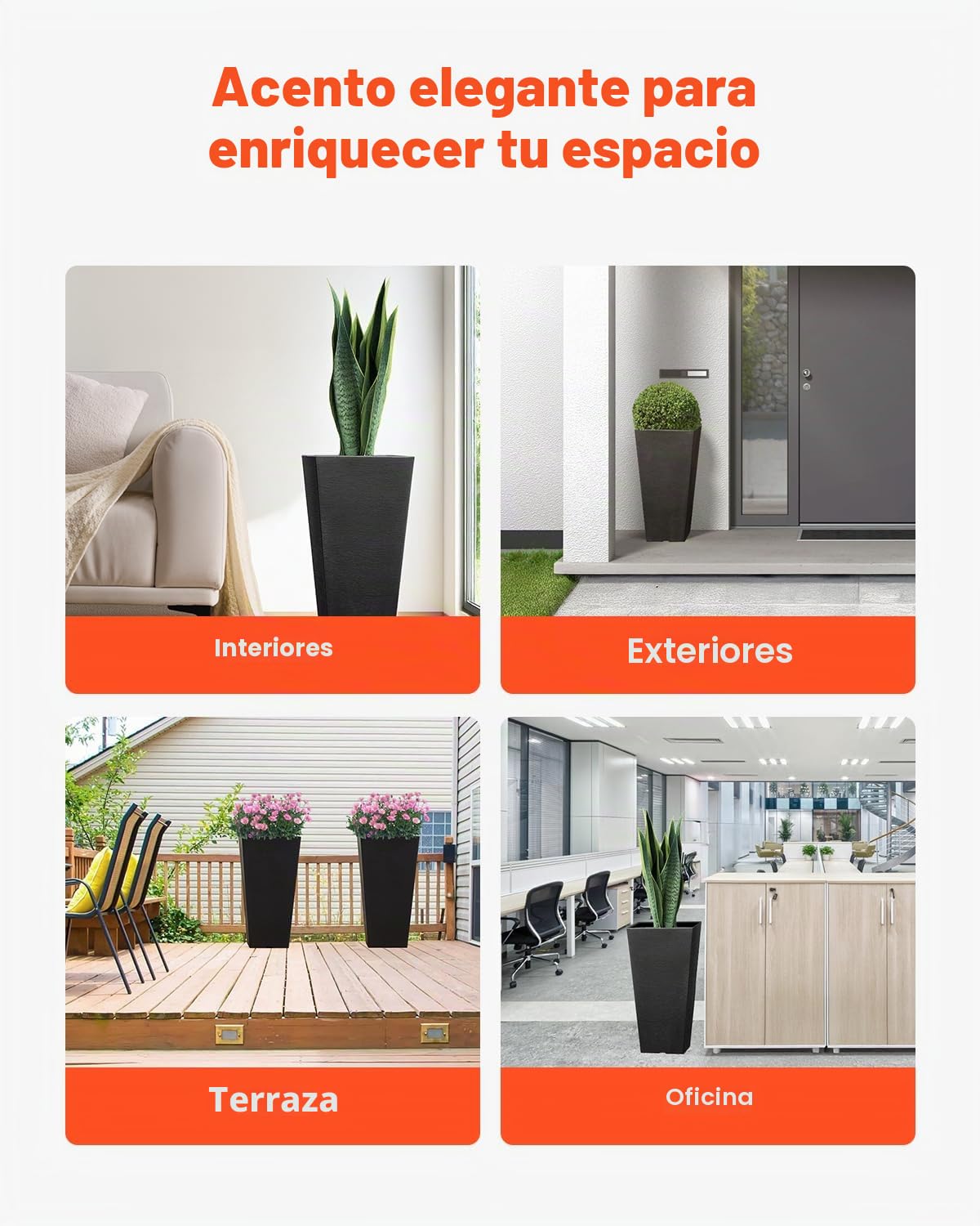 VEVOR Jardineras Altas de 570 mm 2 Piezas Jardineras Grandes para Plantas Jardineras Cuadradas Cónicas para Porche Delantero Macetas para Plantas de Árboles Diseño Moderno Drenaje Incorporado, Negro