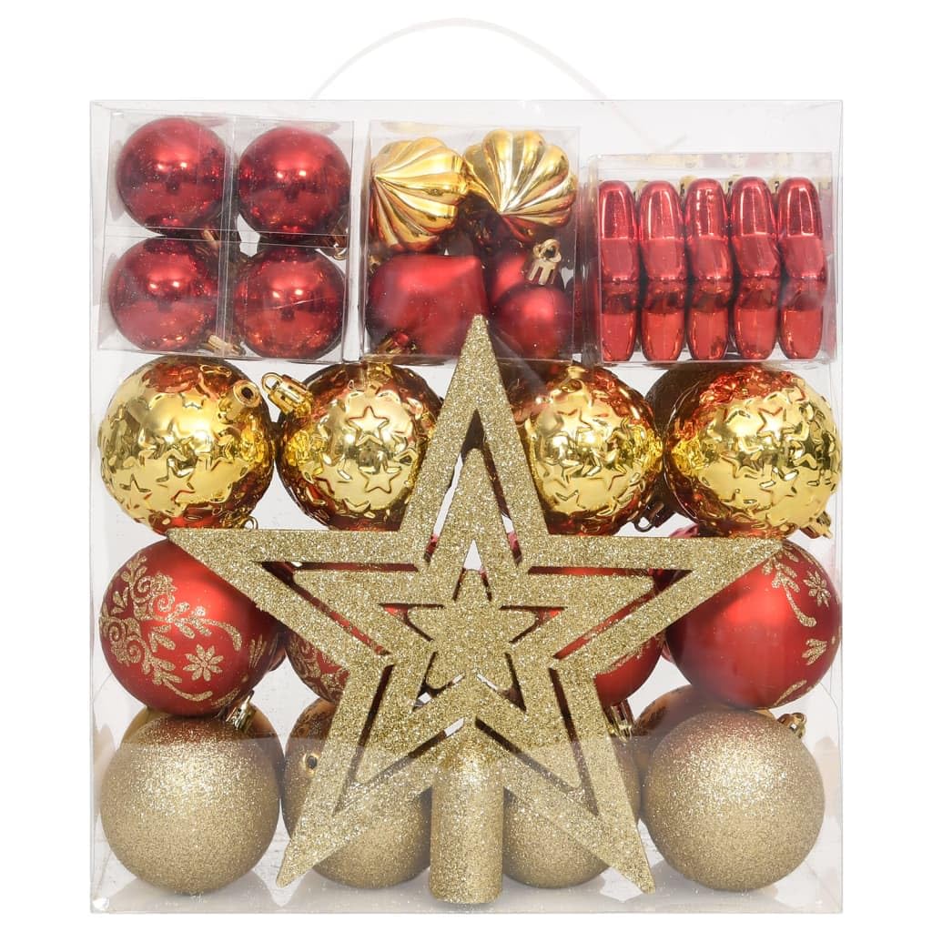 Juego de 70 bolas de Navidad de plástico, color dorado y rojo, diferentes tamaños y formas, incluye caja de almacenamiento para adornos de árbol de Navidad