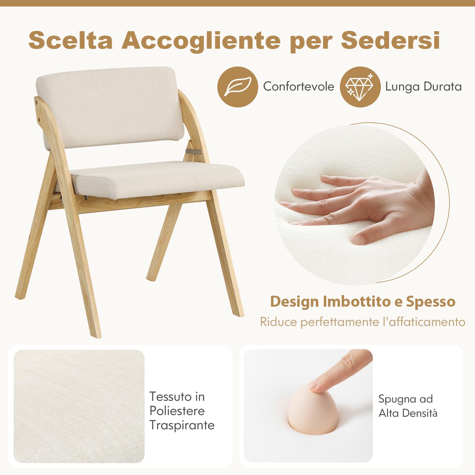 COSTWAY Set 2 Sedie da Pranzo, Sedia da Cucina Pieghevole con Gambe in Legno di Gomma, Sedile e Schienale Imbottiti, Sedia Portatile per Casa Ufficio Matrimonio, Portata 160 kg (Naturale)