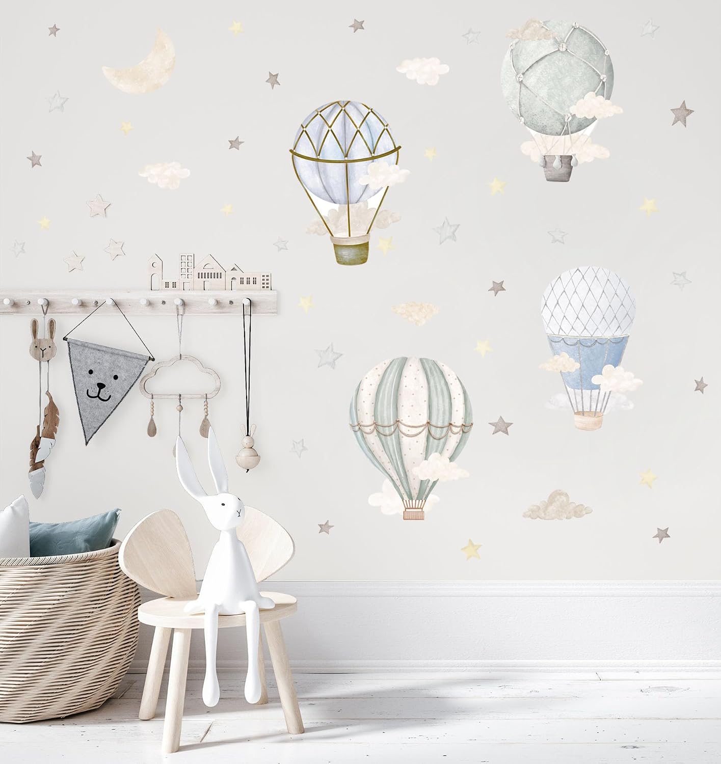 YIMEHDAN Watercolor Hot Air Balloon Wall Decals, Stars Clouds Balloon Vinyl Wall Stickers, Peel and Stick Colorful Artwork for Nursery Bedroom Toddler Room Playroom Decor